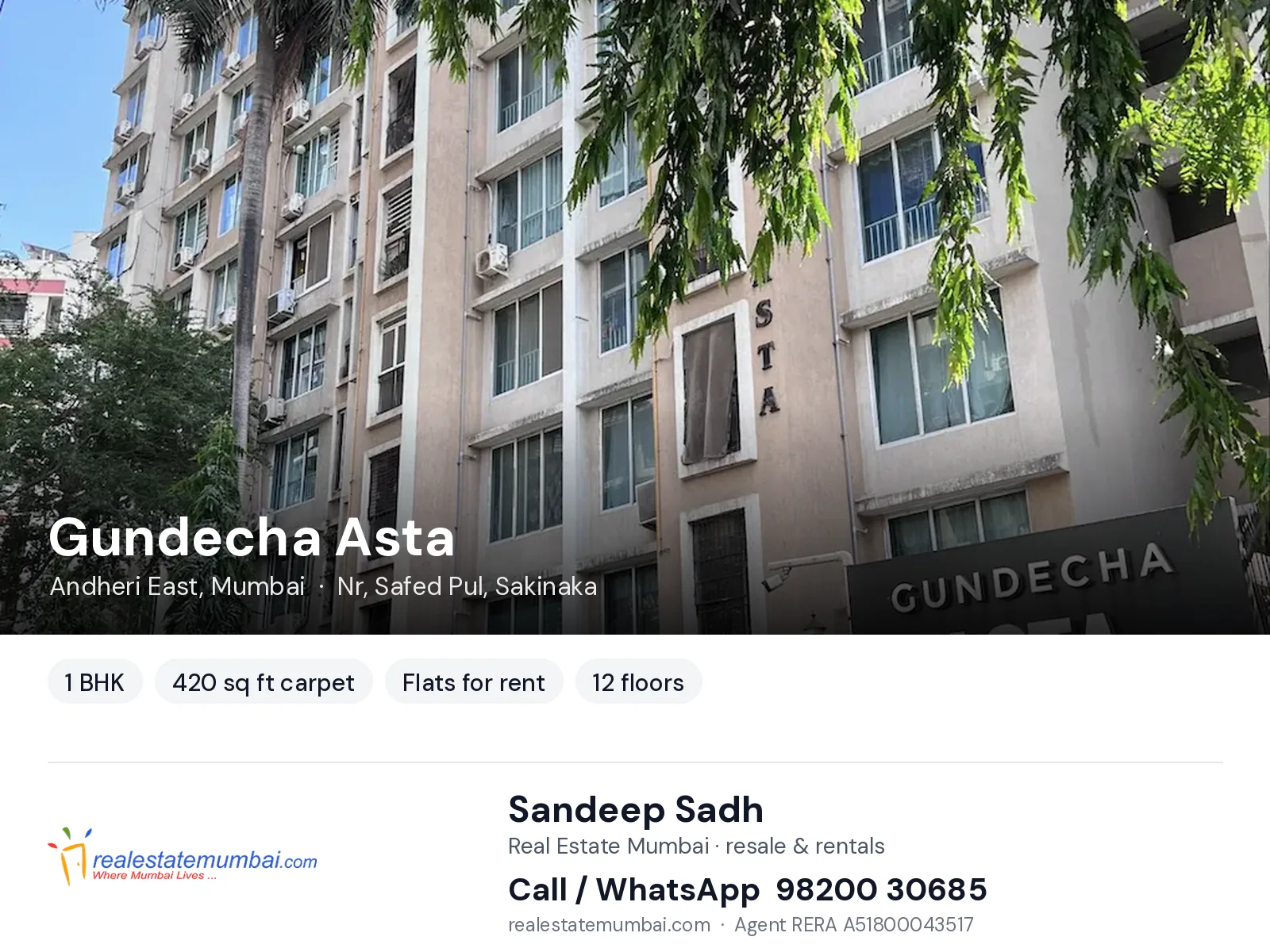 Gundecha Asta, Andheri East, Mumbai — 1 BHK flats for rent | Real Estate Mumbai, Sandeep Sadh 98200 30685