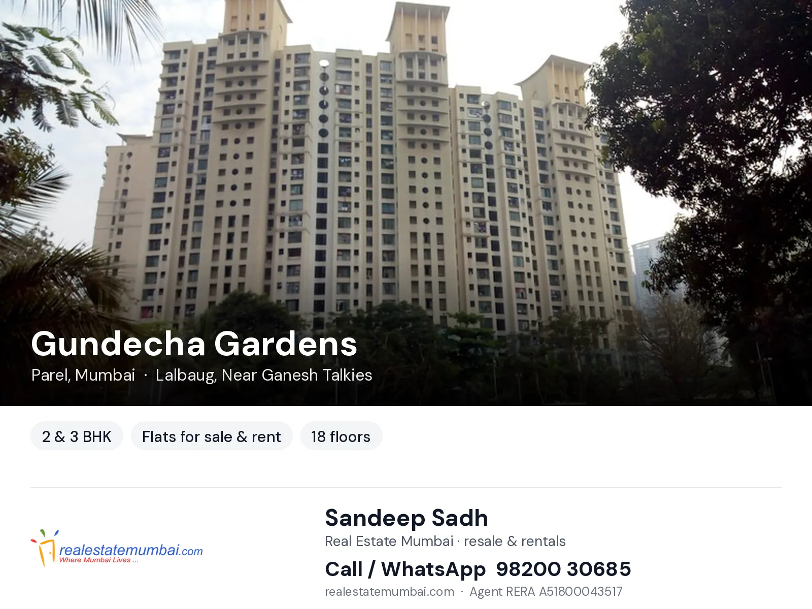 Gundecha Gardens, Parel, Mumbai — 2 & 3 BHK flats for sale & rent | Real Estate Mumbai, Sandeep Sadh 98200 30685