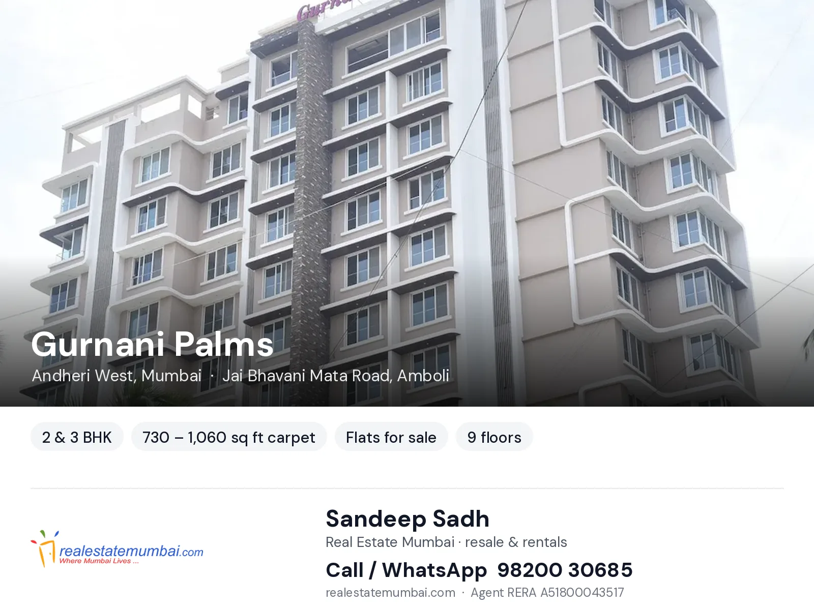 Gurnani Palms, Andheri West, Mumbai — 2 & 3 BHK flats for sale | Real Estate Mumbai, Sandeep Sadh 98200 30685