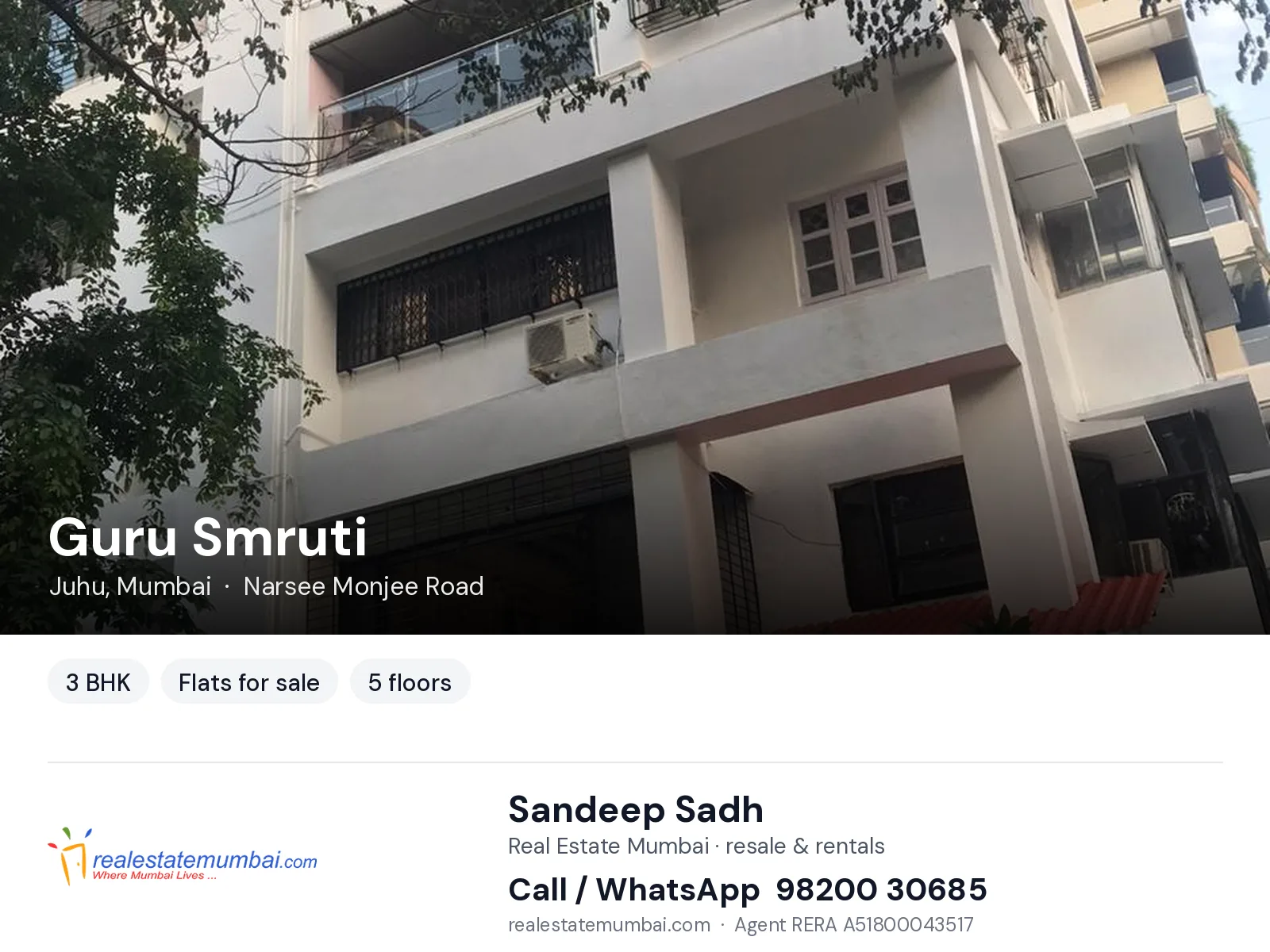 Guru Smruti, Juhu, Mumbai — 3 BHK flats for sale | Real Estate Mumbai, Sandeep Sadh 98200 30685