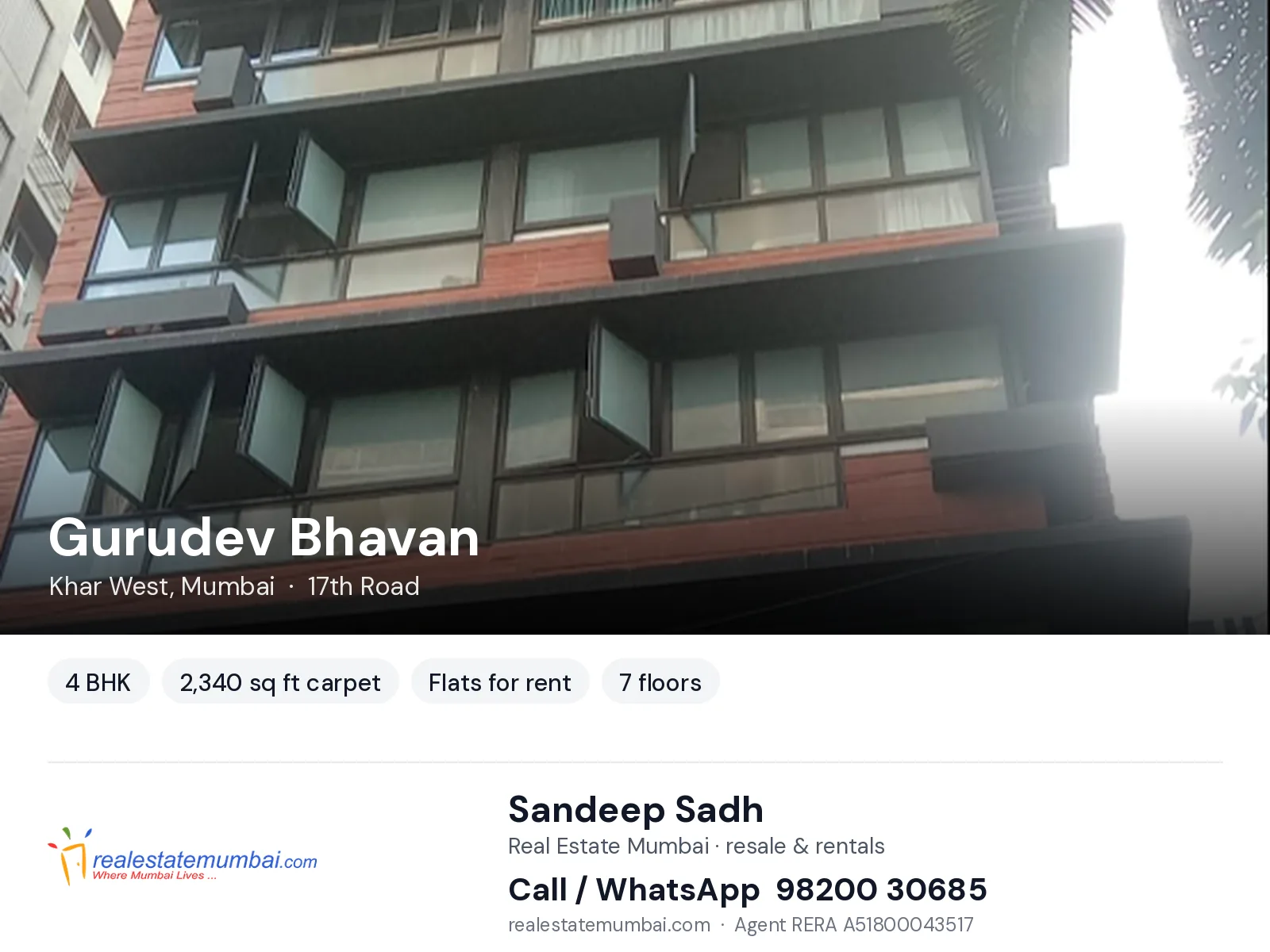 Gurudev Bhavan, Khar West, Mumbai — 4 BHK flats for rent | Real Estate Mumbai, Sandeep Sadh 98200 30685