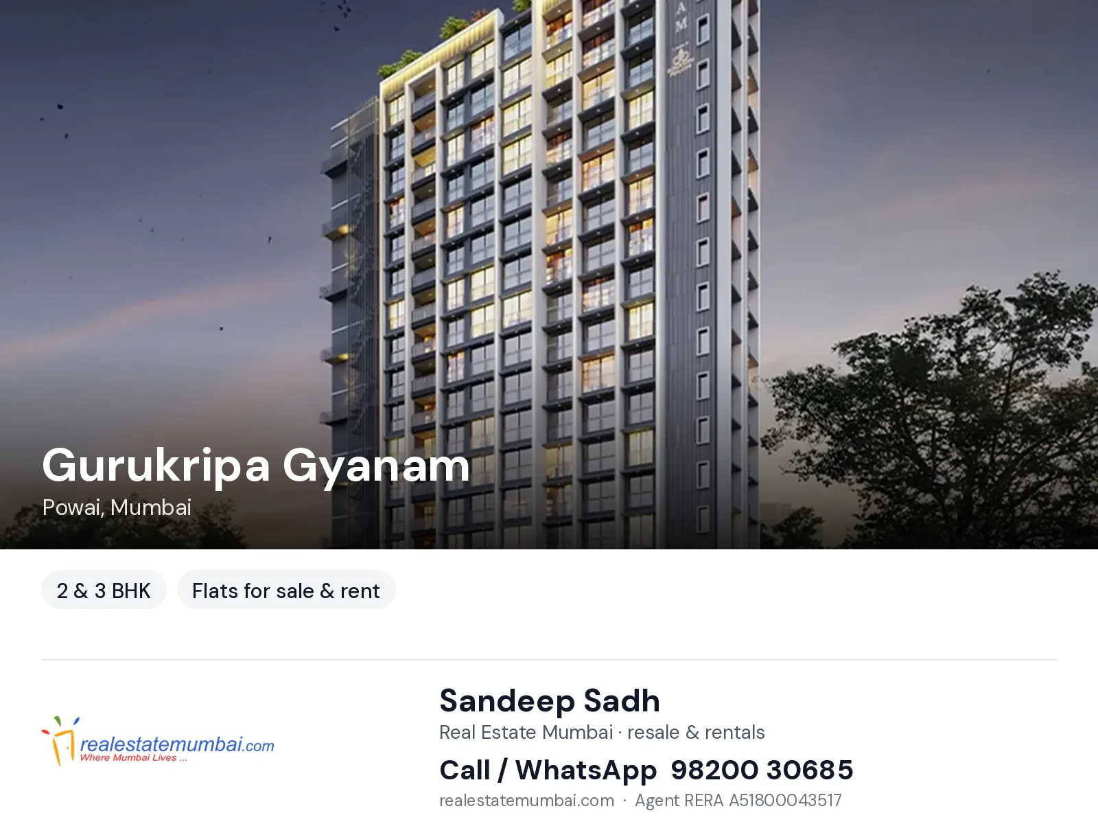 Gurukripa Gyanam, Powai, Mumbai — 2 & 3 BHK flats for sale & rent | Real Estate Mumbai, Sandeep Sadh 98200 30685