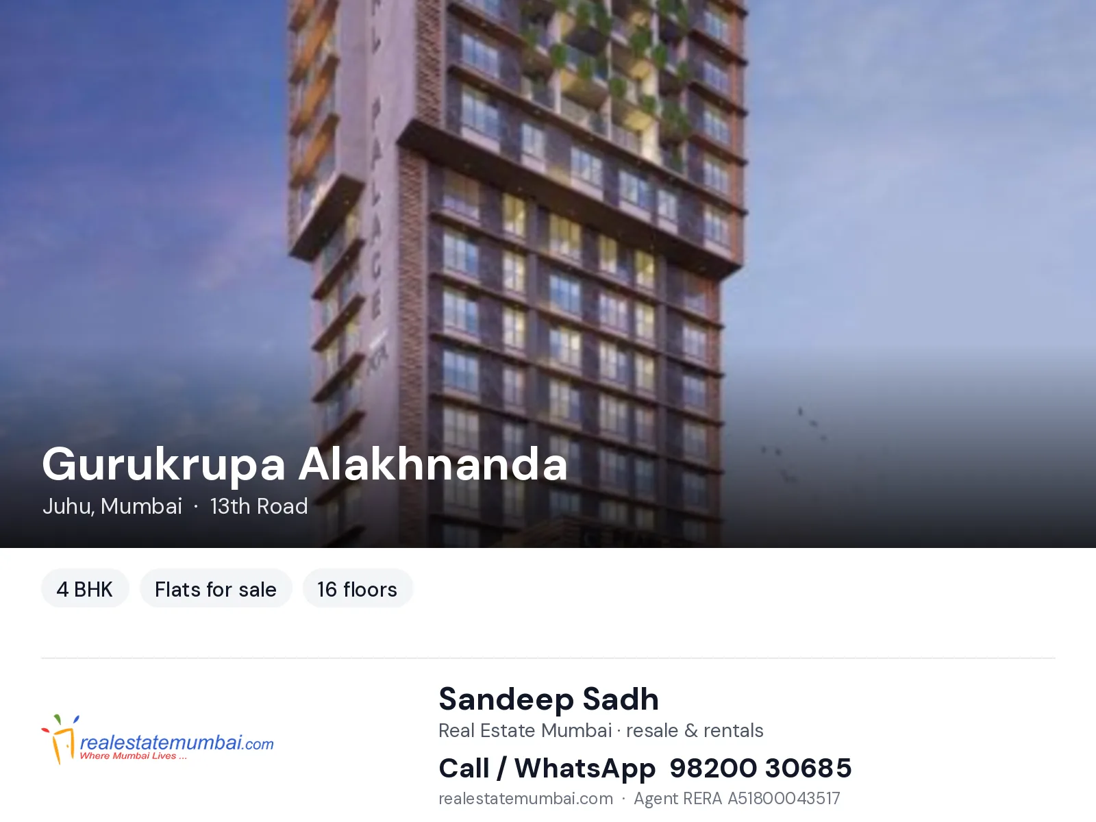 Gurukrupa Alakhnanda, Juhu, Mumbai — 4 BHK flats for sale | Real Estate Mumbai, Sandeep Sadh 98200 30685
