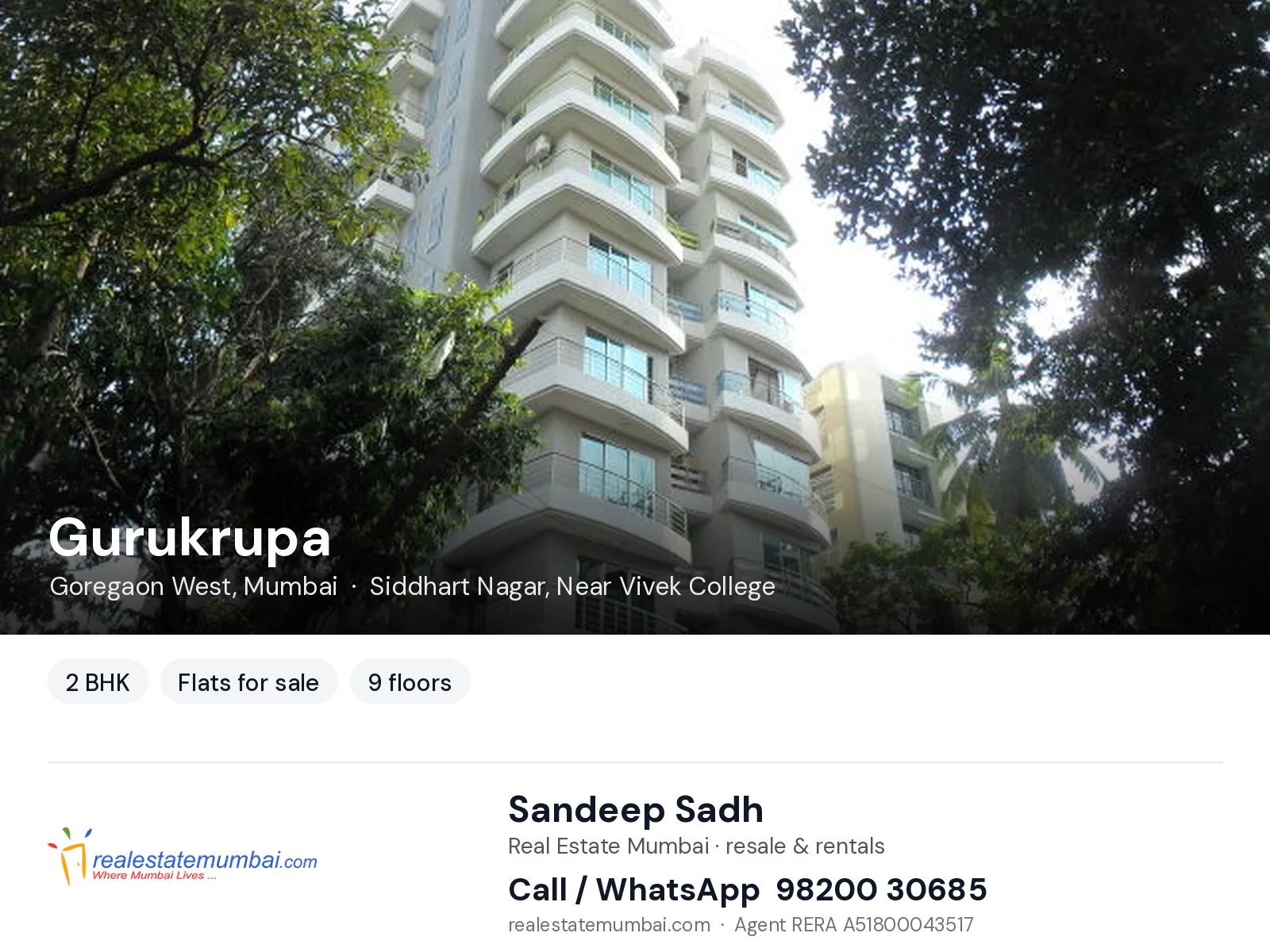 Gurukrupa, Goregaon West, Mumbai — 2 BHK flats for sale | Real Estate Mumbai, Sandeep Sadh 98200 30685