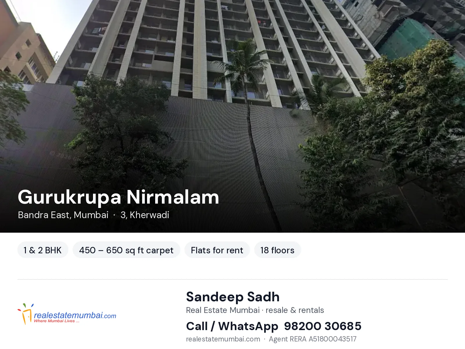Gurukrupa Nirmalam, Bandra East, Mumbai — 1 & 2 BHK flats for rent | Real Estate Mumbai, Sandeep Sadh 98200 30685