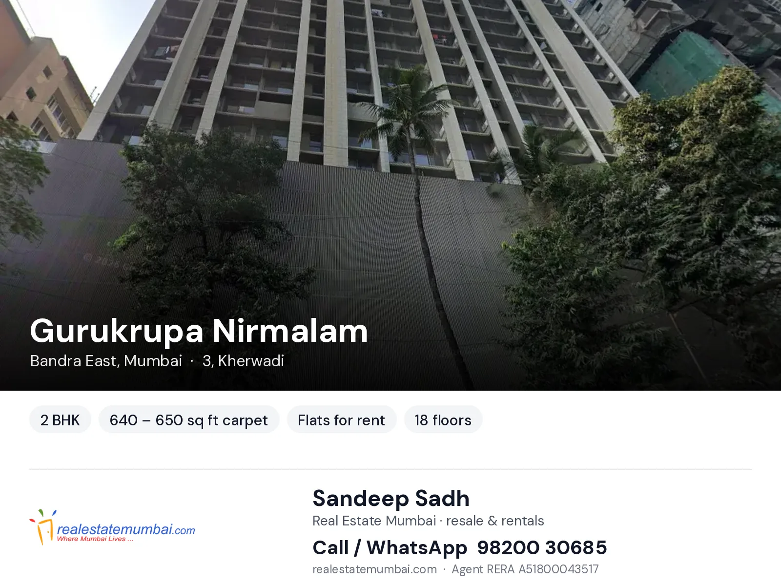 Gurukrupa Nirmalam, Bandra East, Mumbai — 2 BHK flats for rent | Real Estate Mumbai, Sandeep Sadh 98200 30685
