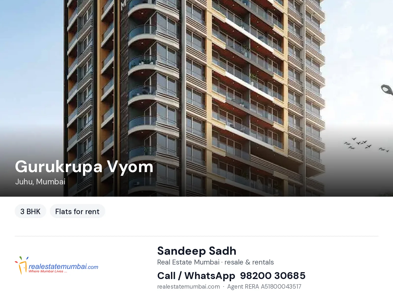 Gurukrupa Vyom, Juhu, Mumbai — 3 BHK flats for rent | Real Estate Mumbai, Sandeep Sadh 98200 30685