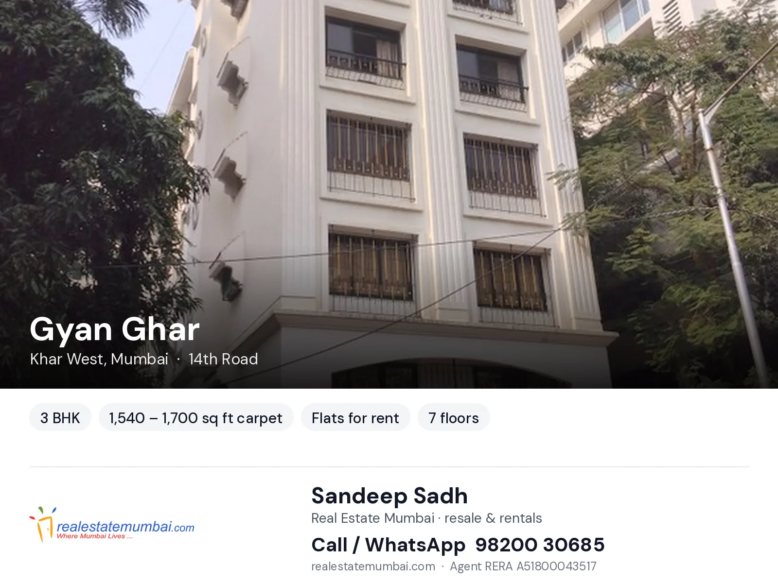 Gyan Ghar, Khar West, Mumbai — 3 BHK flats for rent | Real Estate Mumbai, Sandeep Sadh 98200 30685