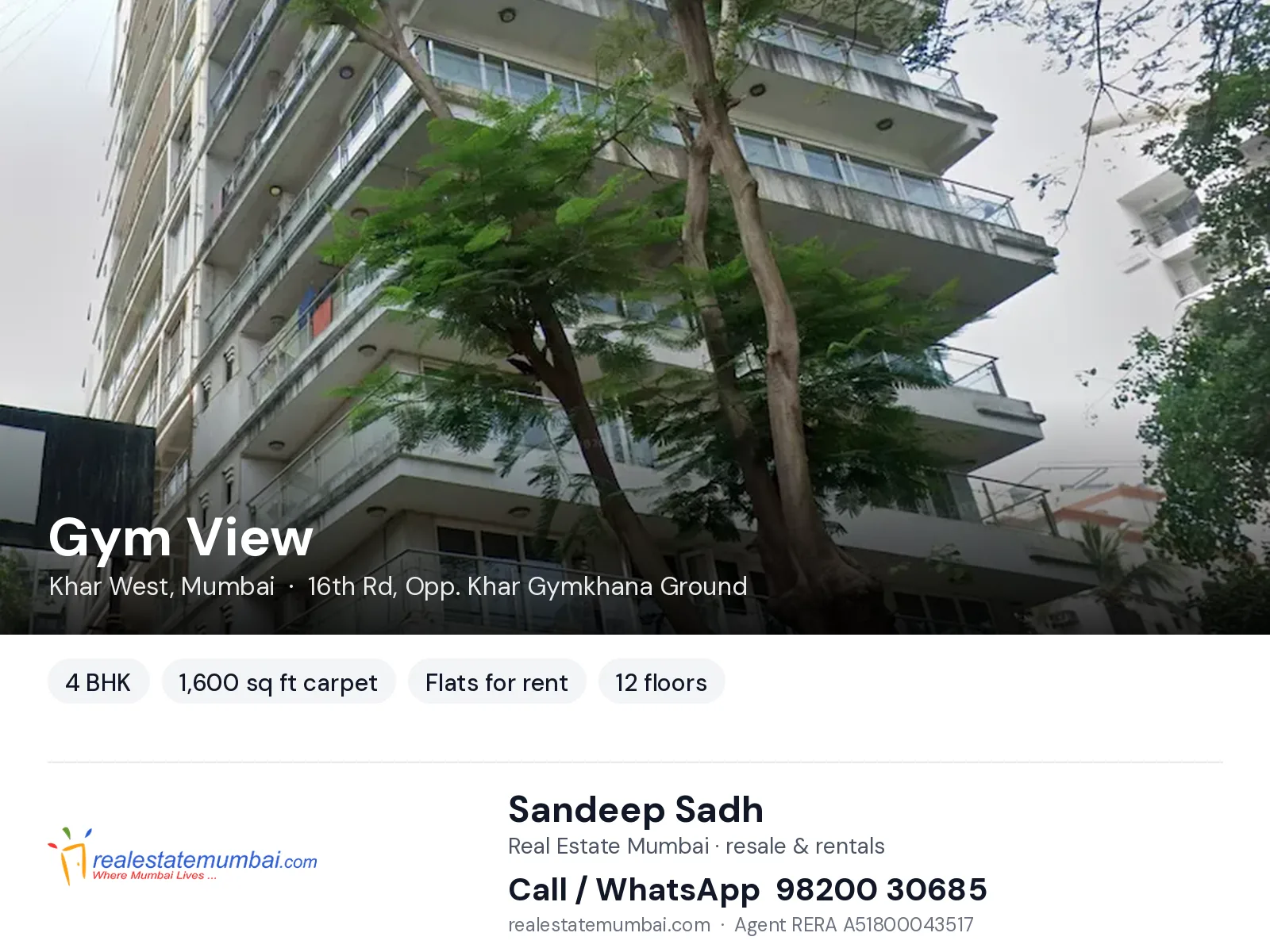 Gym View, Khar West, Mumbai — 4 BHK flats for rent | Real Estate Mumbai, Sandeep Sadh 98200 30685