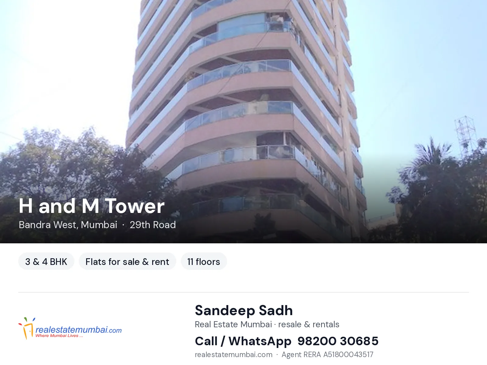 H and M Tower, Bandra West, Mumbai — 3 & 4 BHK flats for sale & rent | Real Estate Mumbai, Sandeep Sadh 98200 30685