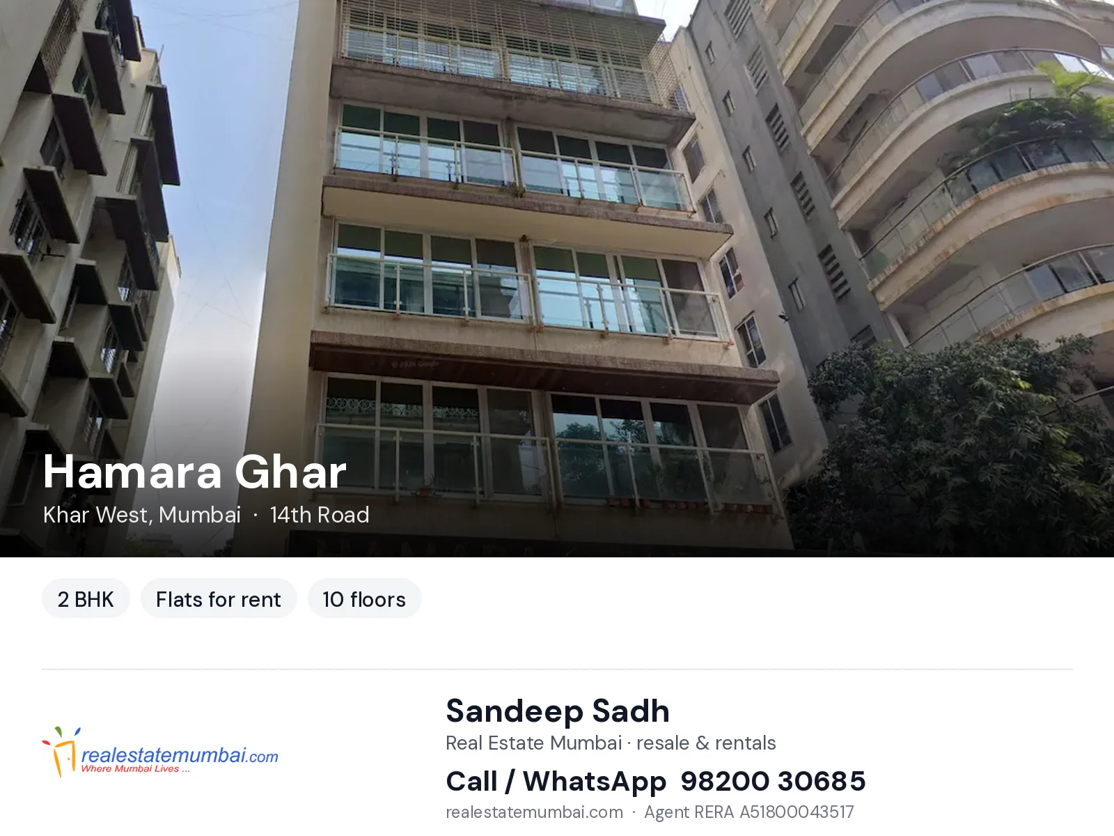 Hamara Ghar, Khar West, Mumbai — 2 BHK flats for rent | Real Estate Mumbai, Sandeep Sadh 98200 30685