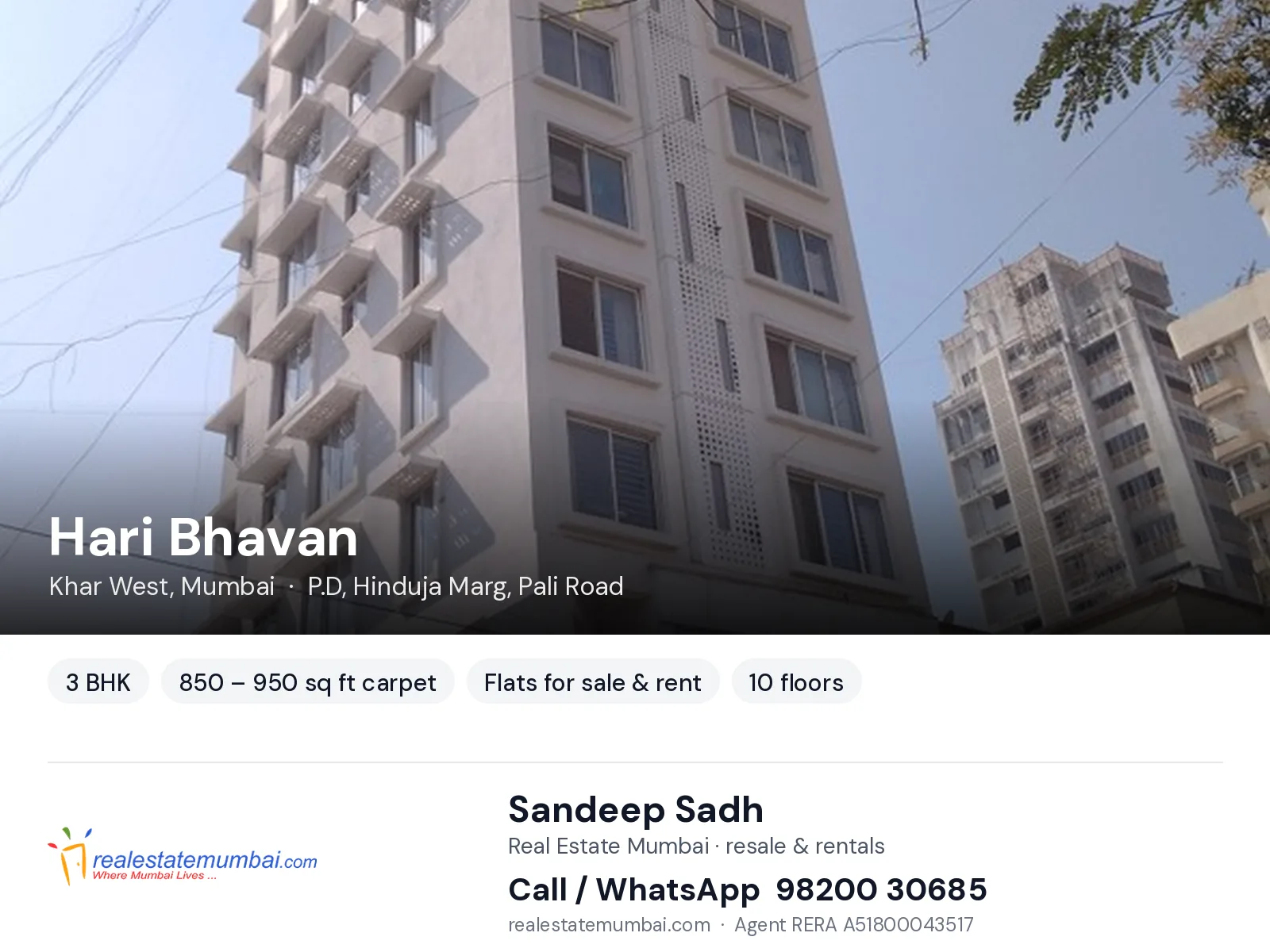 Hari Bhavan, Khar West, Mumbai — 3 BHK flats for sale & rent | Real Estate Mumbai, Sandeep Sadh 98200 30685