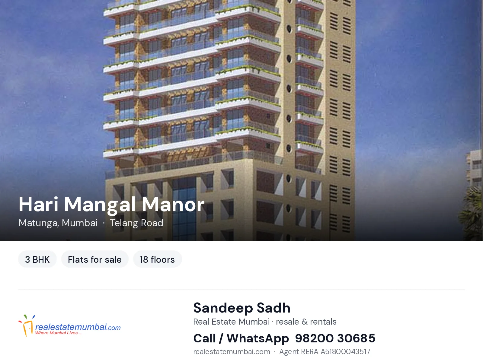 Hari Mangal Manor, Matunga, Mumbai — 3 BHK flats for sale | Real Estate Mumbai, Sandeep Sadh 98200 30685
