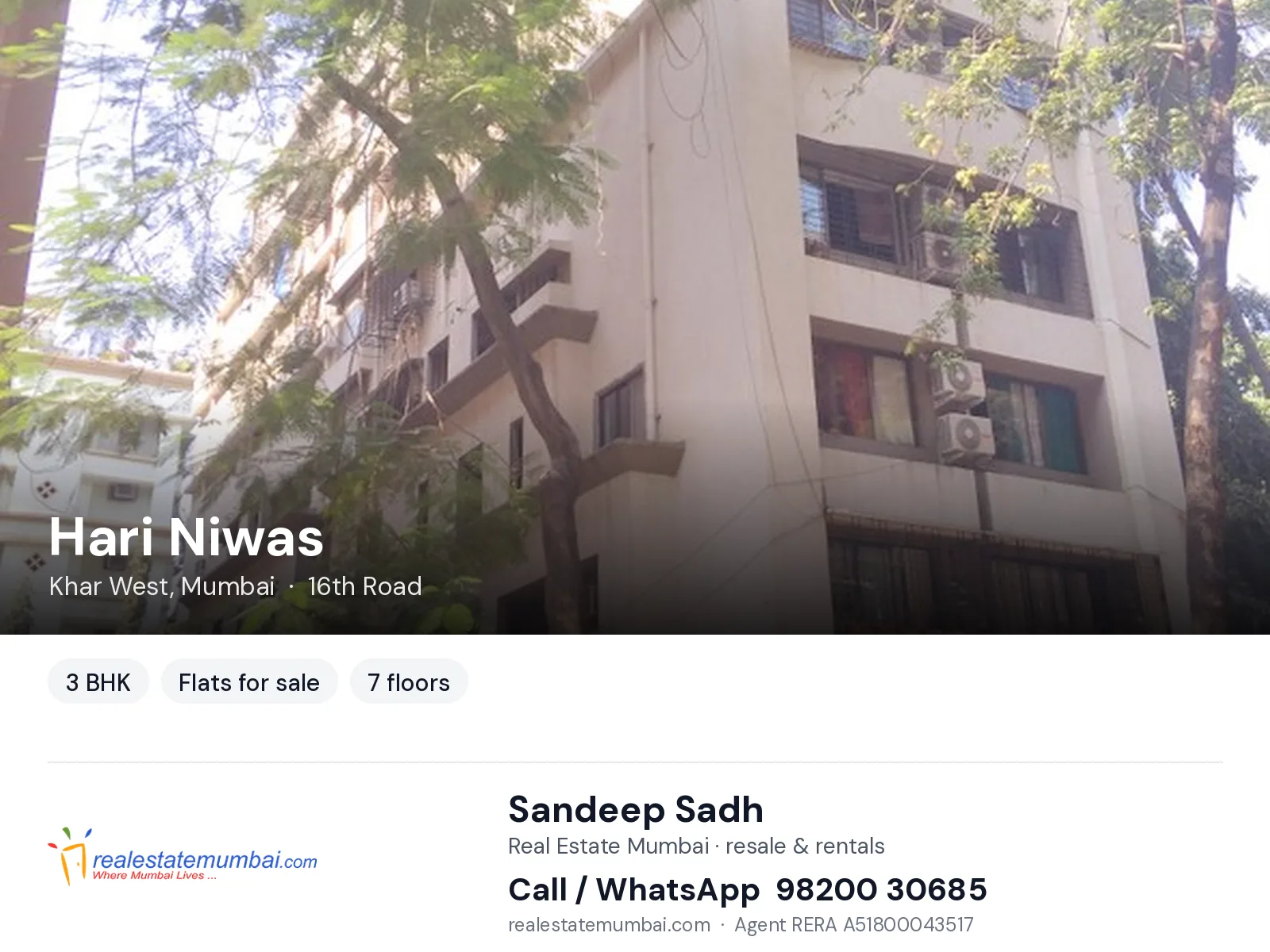 Hari Niwas, Khar West, Mumbai — 3 BHK flats for sale | Real Estate Mumbai, Sandeep Sadh 98200 30685