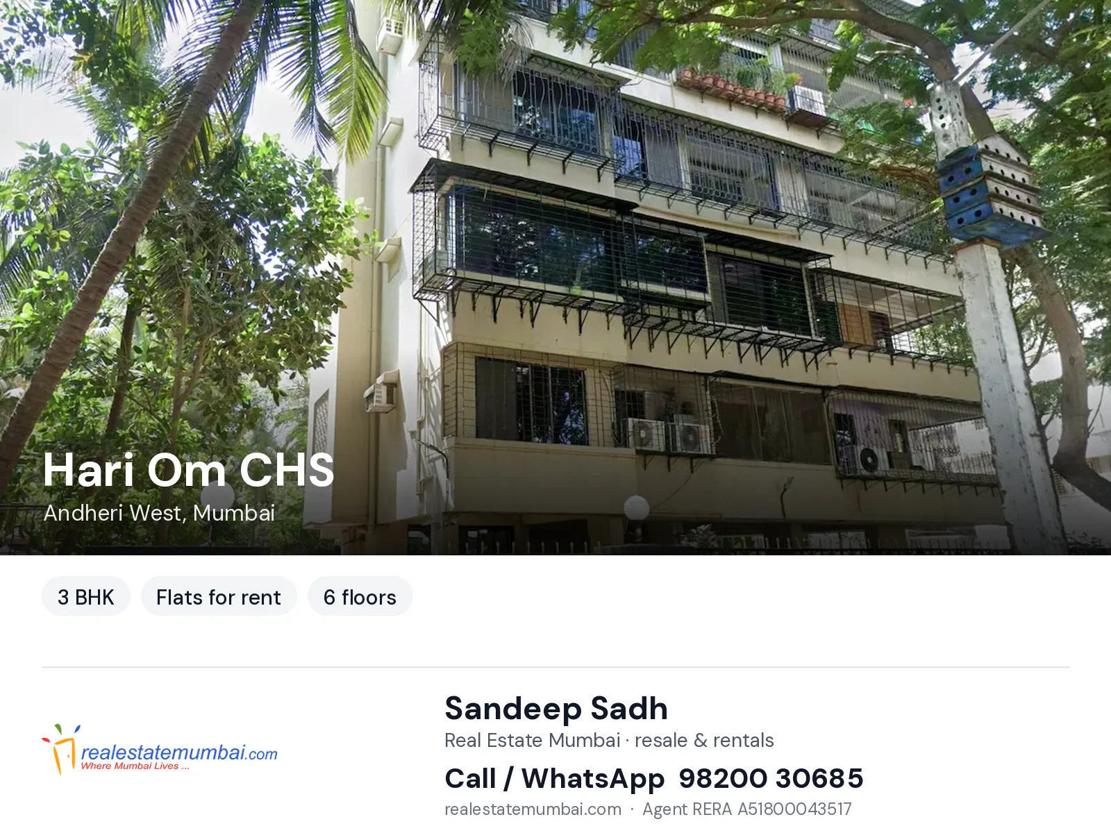 Hari Om CHS, Andheri West, Mumbai — 3 BHK flats for rent | Real Estate Mumbai, Sandeep Sadh 98200 30685