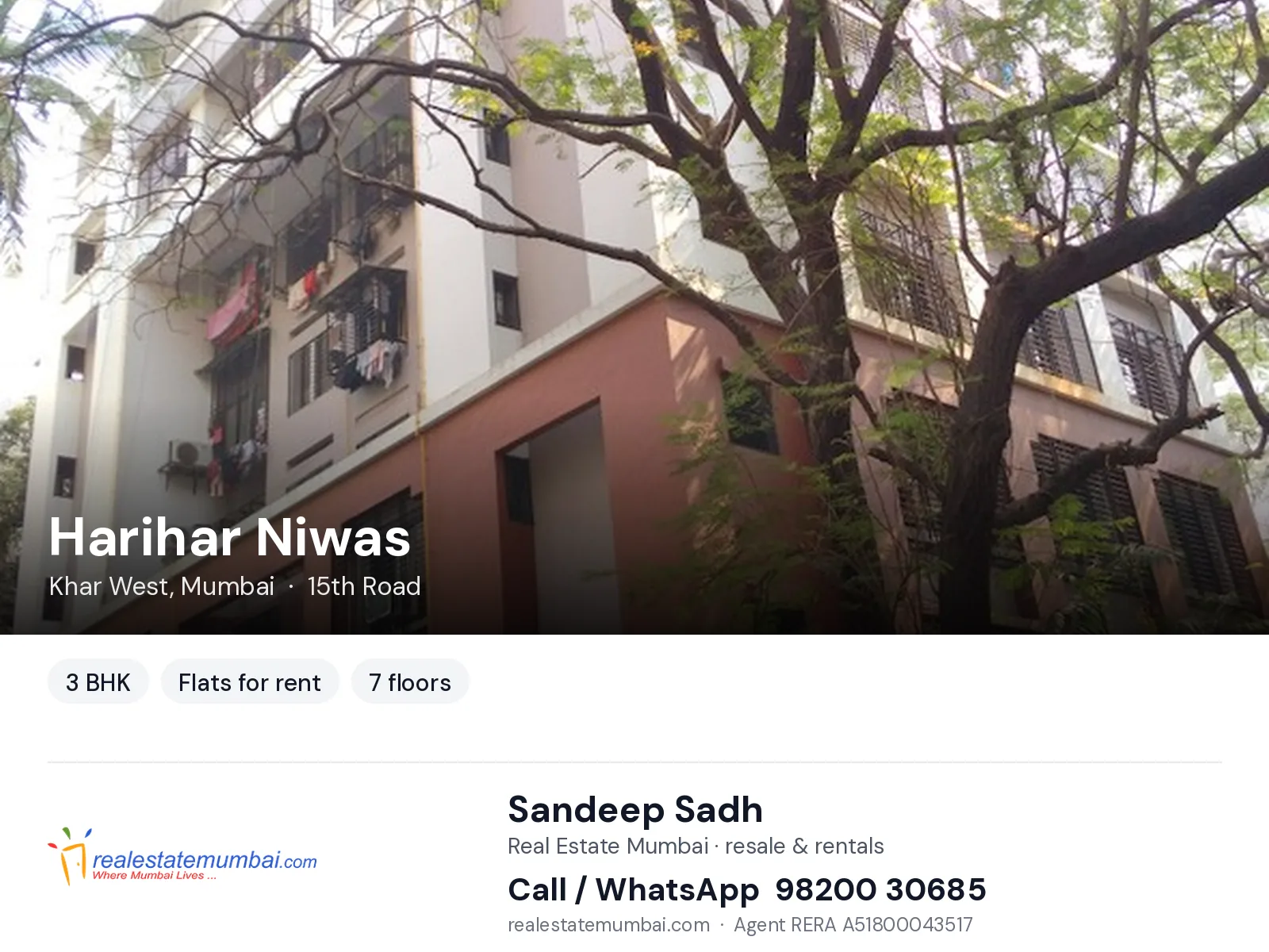 Harihar Niwas, Khar West, Mumbai — 3 BHK flats for rent | Real Estate Mumbai, Sandeep Sadh 98200 30685
