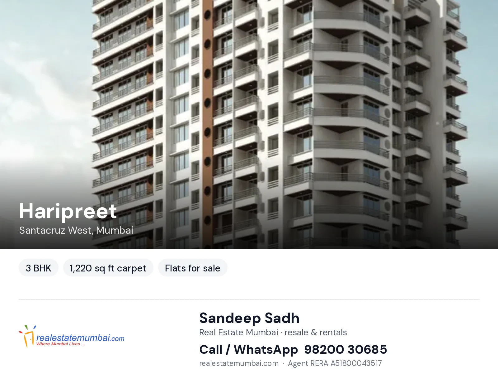 Haripreet, Santacruz West, Mumbai — 3 BHK flats for sale | Real Estate Mumbai, Sandeep Sadh 98200 30685