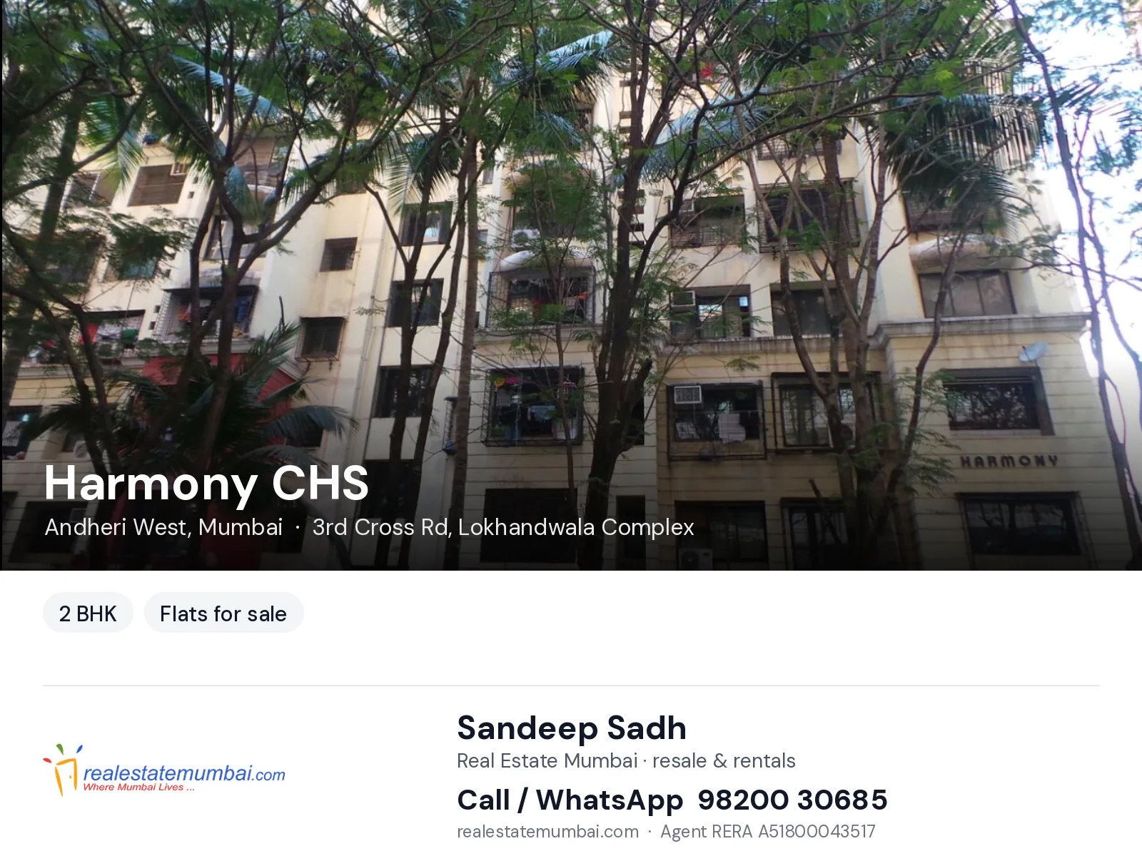 Harmony CHS, Andheri West, Mumbai — 2 BHK flats for sale | Real Estate Mumbai, Sandeep Sadh 98200 30685