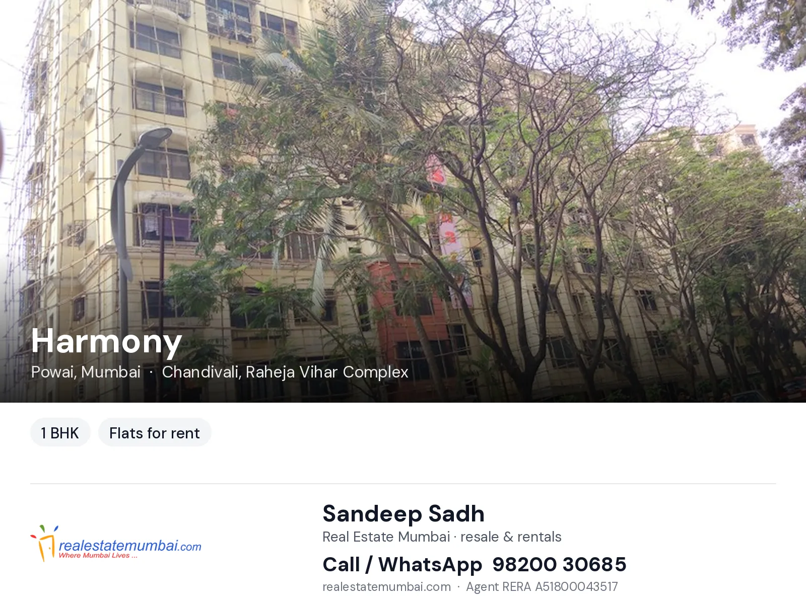 Harmony, Powai, Mumbai — 1 BHK flats for rent | Real Estate Mumbai, Sandeep Sadh 98200 30685