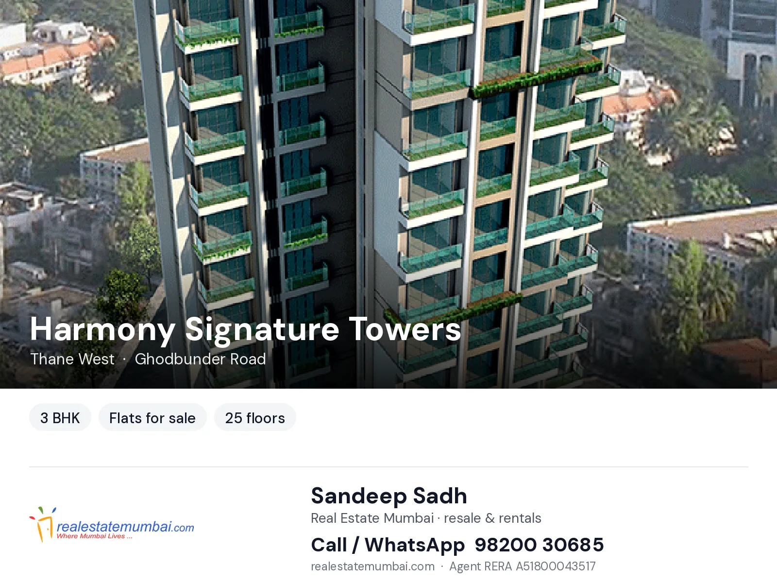 Harmony Signature Towers, Thane West — 3 BHK flats for sale | Real Estate Mumbai, Sandeep Sadh 98200 30685