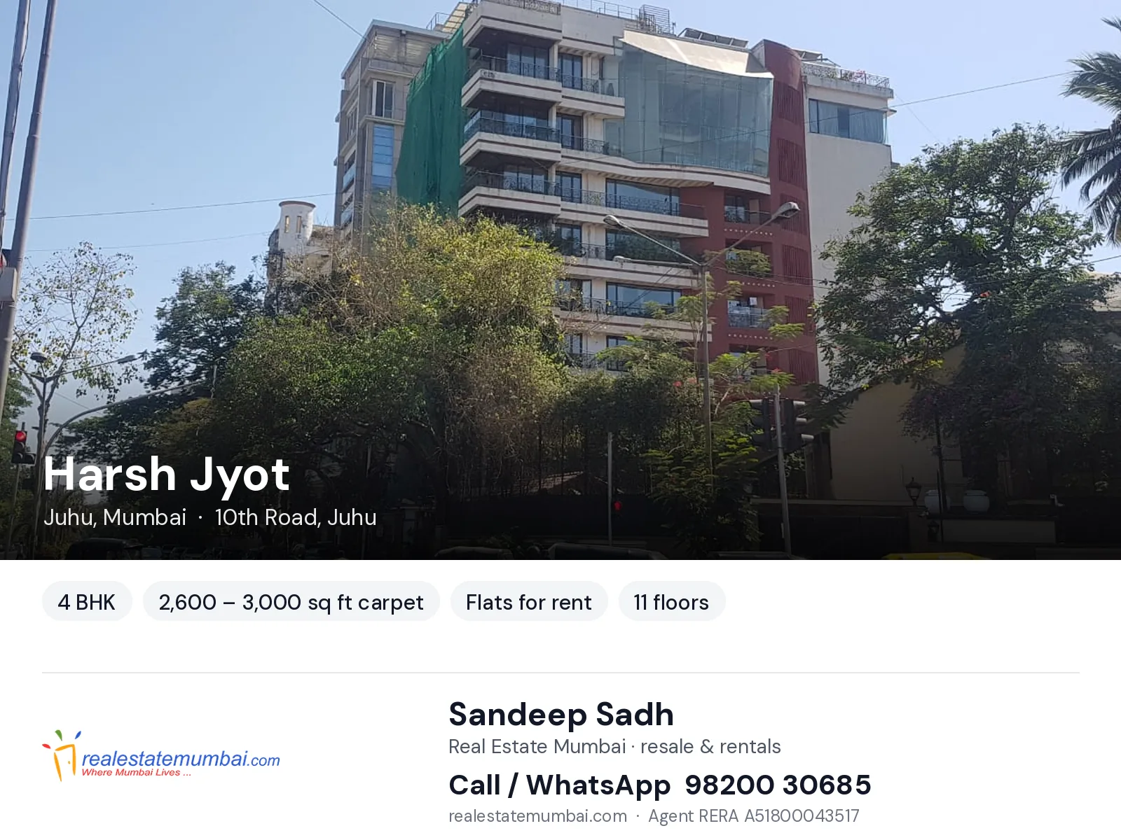 Harsh Jyot, Juhu, Mumbai — 4 BHK flats for rent | Real Estate Mumbai, Sandeep Sadh 98200 30685