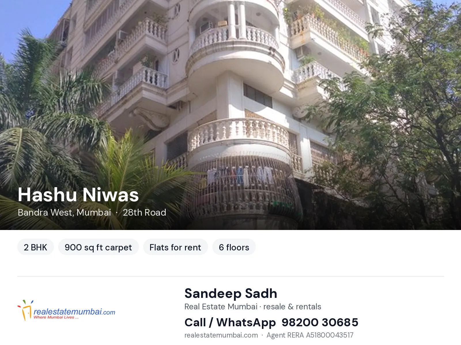 Hashu Niwas, Bandra West, Mumbai — 2 BHK flats for rent | Real Estate Mumbai, Sandeep Sadh 98200 30685