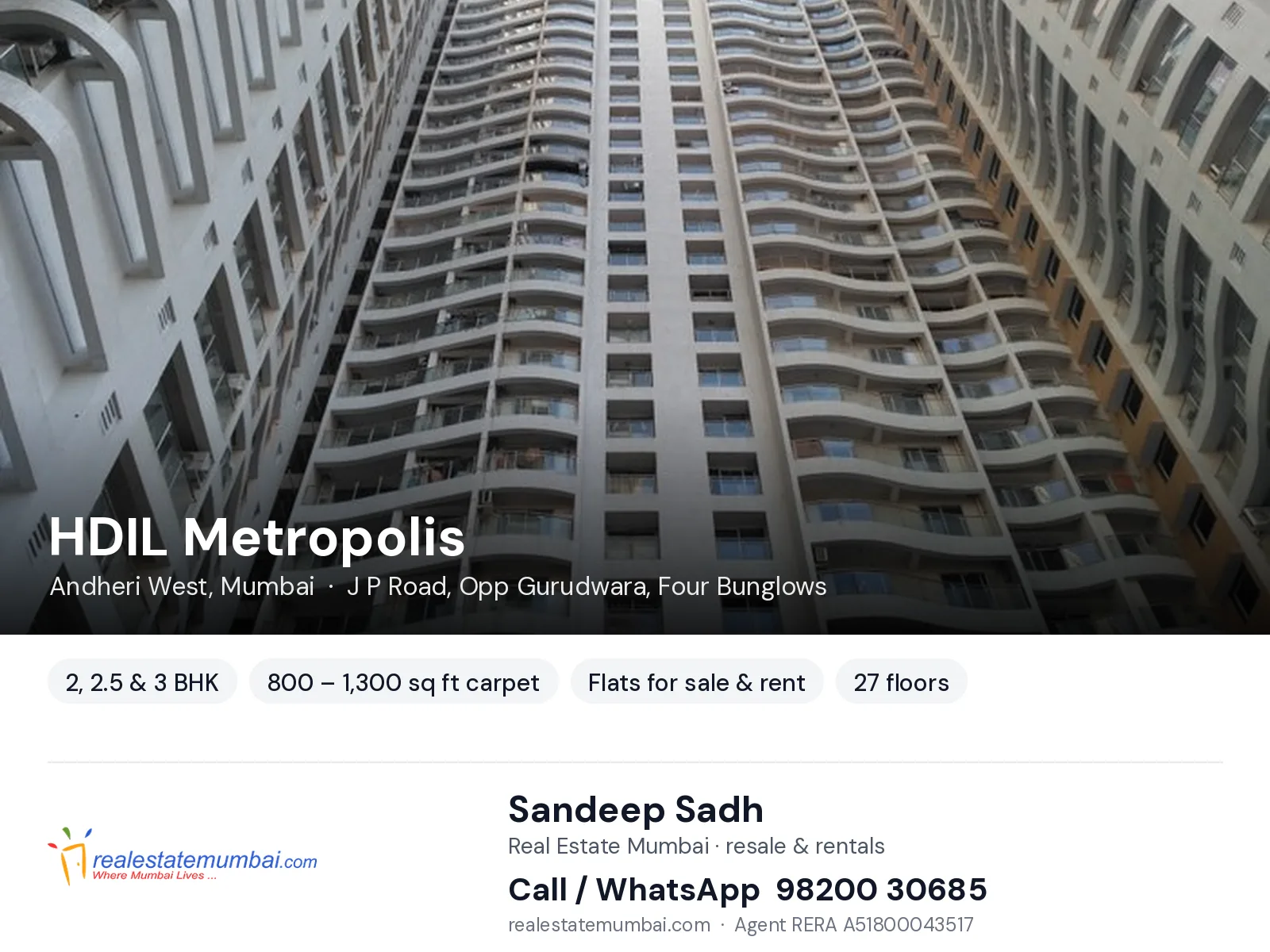HDIL Metropolis, Andheri West, Mumbai — 2, 2.5 & 3 BHK flats for sale & rent | Real Estate Mumbai, Sandeep Sadh 98200 30685