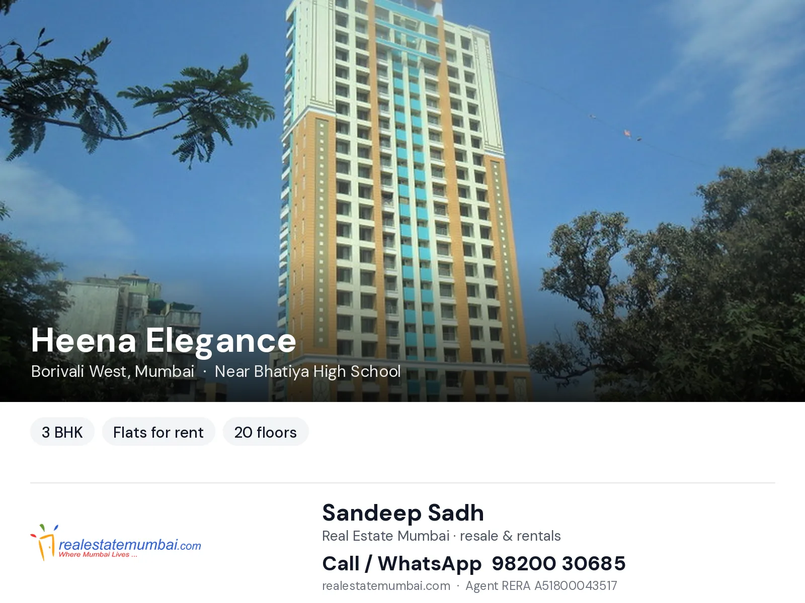 Heena Elegance, Borivali West, Mumbai — 3 BHK flats for rent | Real Estate Mumbai, Sandeep Sadh 98200 30685