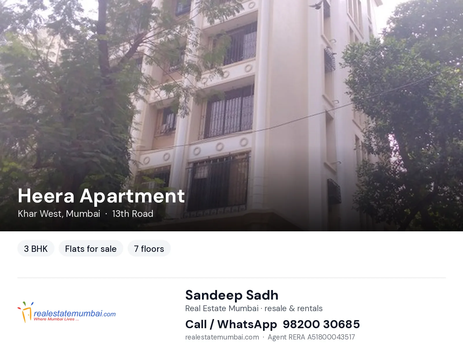 Heera Apartment, Khar West, Mumbai — 3 BHK flats for sale | Real Estate Mumbai, Sandeep Sadh 98200 30685