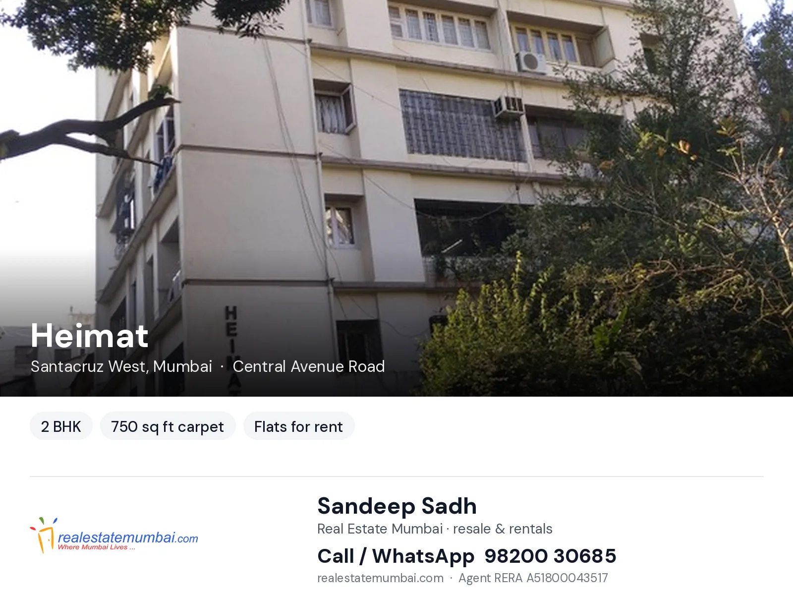 Heimat, Santacruz West, Mumbai — 2 BHK flats for rent | Real Estate Mumbai, Sandeep Sadh 98200 30685