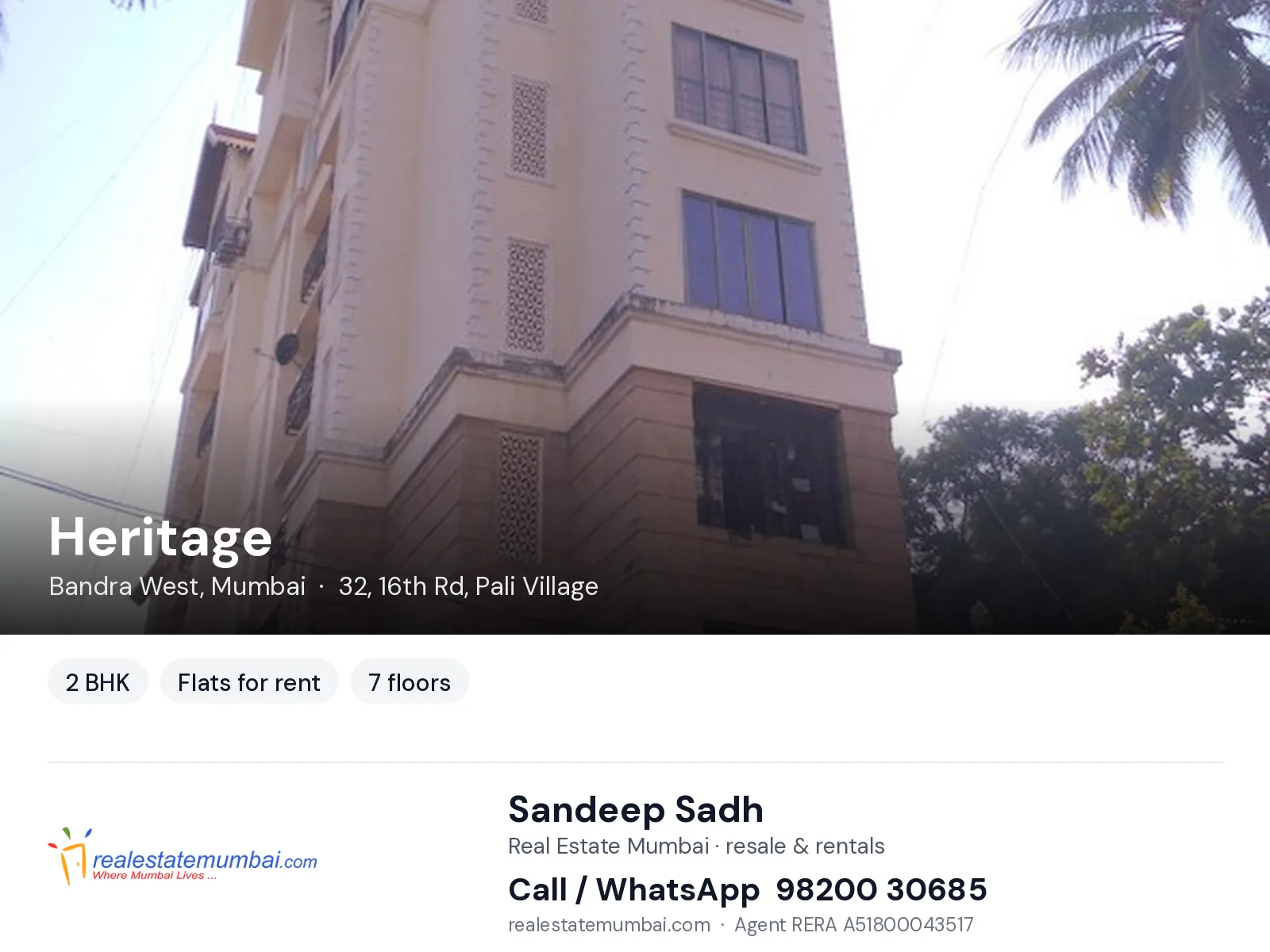 Heritage, Bandra West, Mumbai — 2 BHK flats for rent | Real Estate Mumbai, Sandeep Sadh 98200 30685
