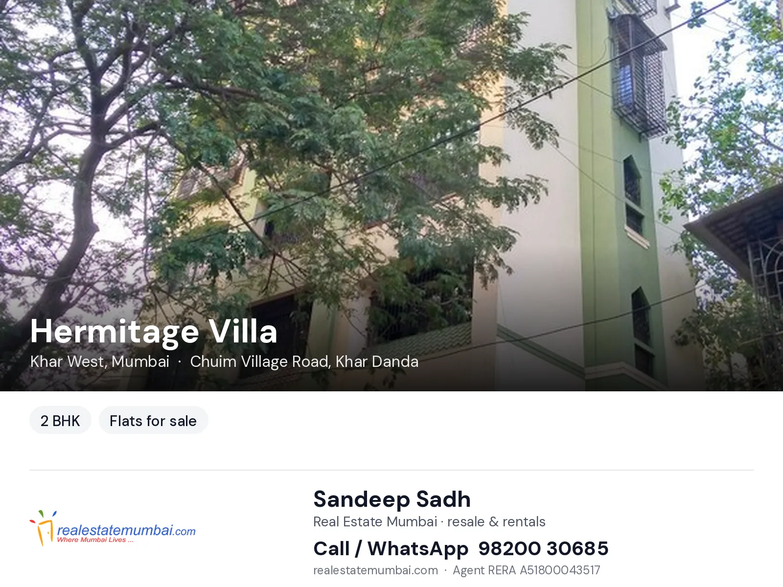 Hermitage Villa, Khar West, Mumbai — 2 BHK flats for sale | Real Estate Mumbai, Sandeep Sadh 98200 30685