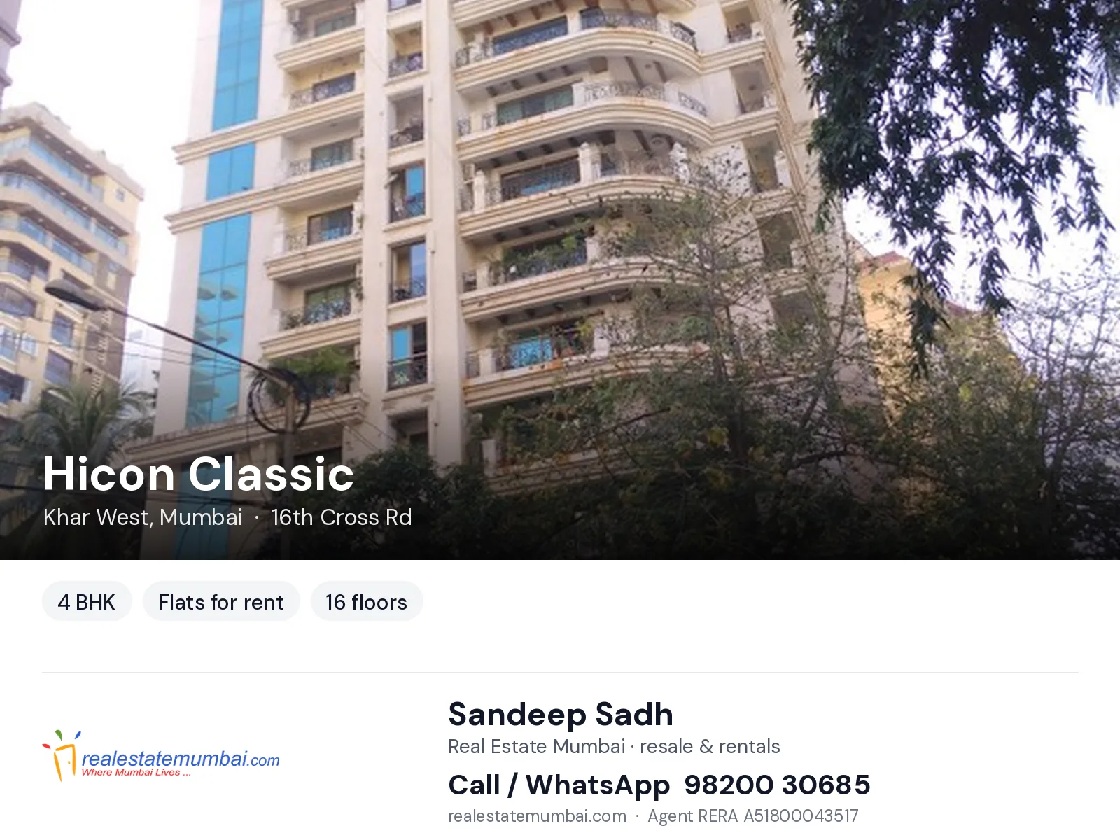 Hicon Classic, Khar West, Mumbai — 4 BHK flats for rent | Real Estate Mumbai, Sandeep Sadh 98200 30685