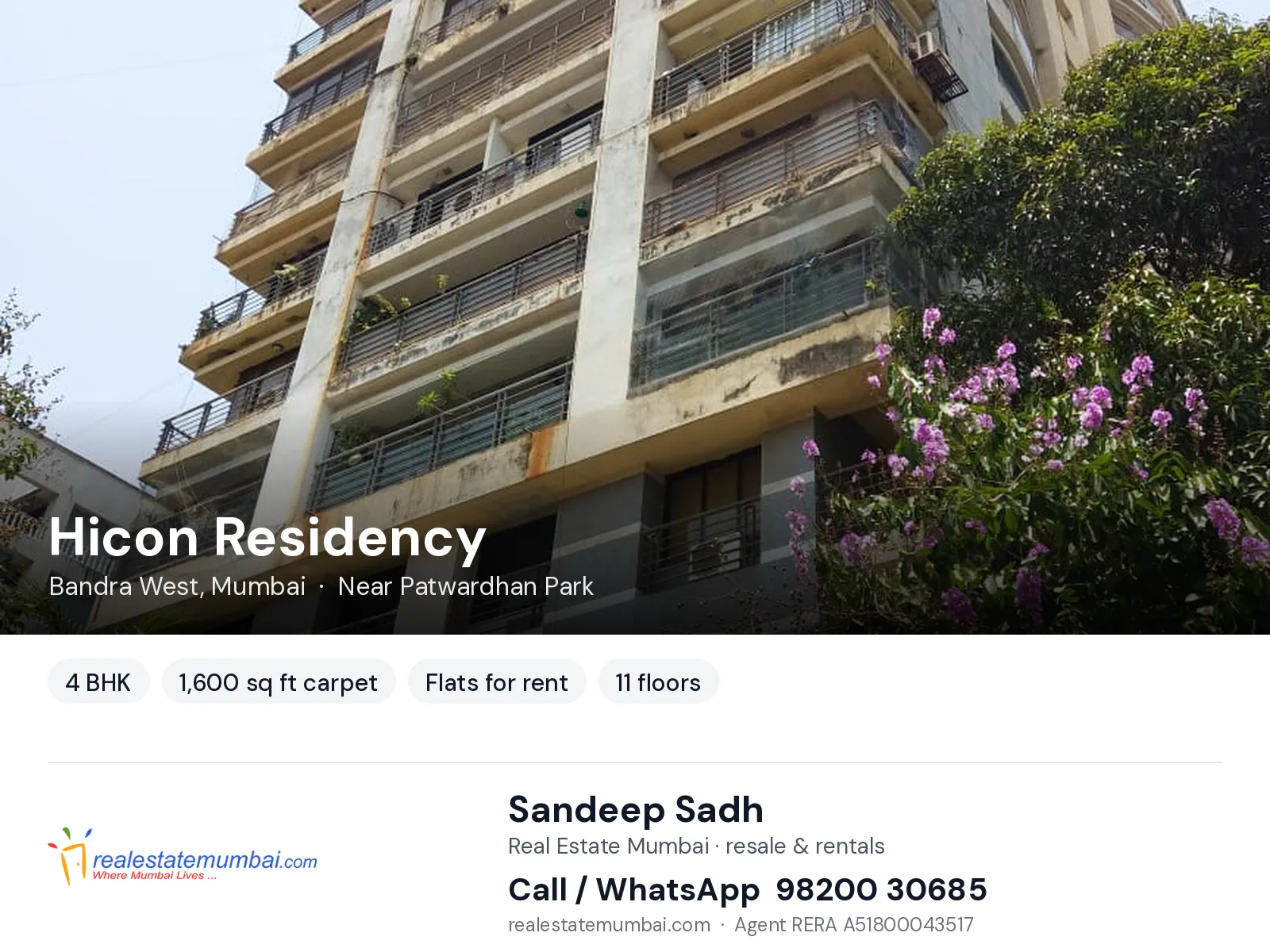Hicon Residency, Bandra West, Mumbai — 4 BHK flats for rent | Real Estate Mumbai, Sandeep Sadh 98200 30685