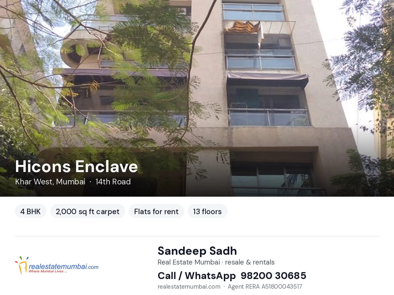 Hicons Enclave, Khar West, Mumbai — 4 BHK flats for rent | Real Estate Mumbai, Sandeep Sadh 98200 30685