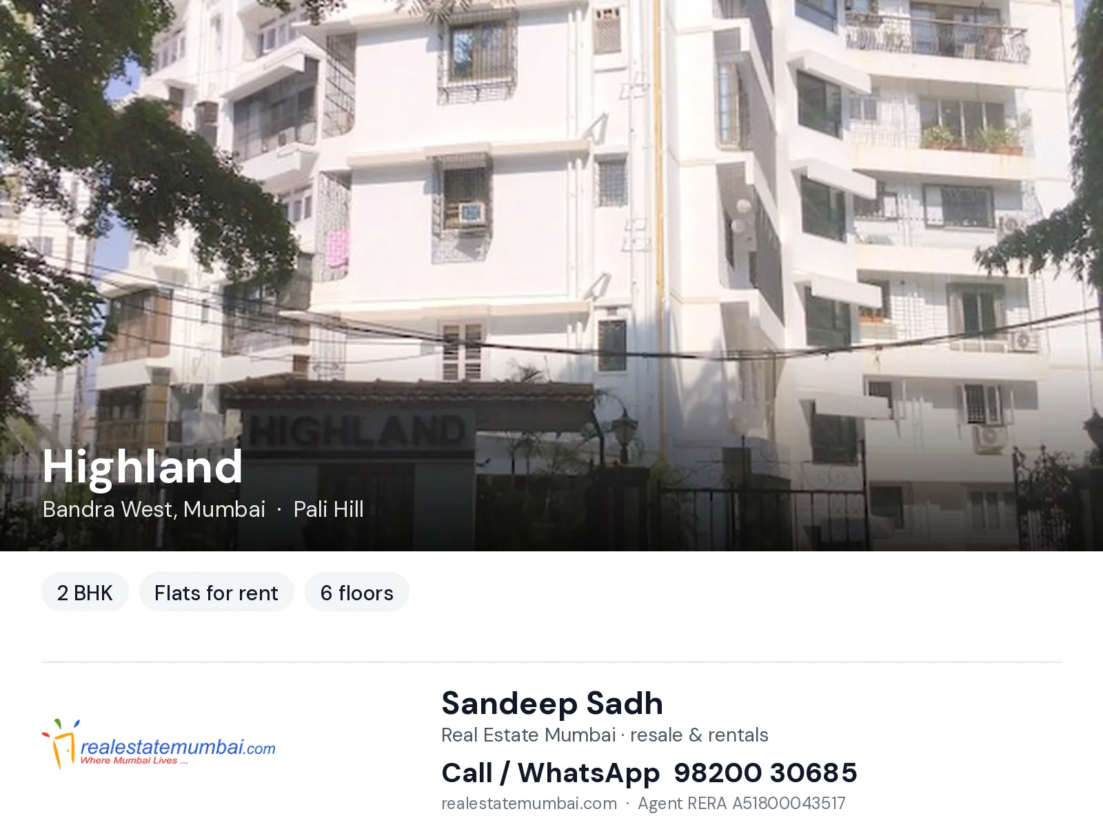 Highland, Bandra West, Mumbai — 2 BHK flats for rent | Real Estate Mumbai, Sandeep Sadh 98200 30685