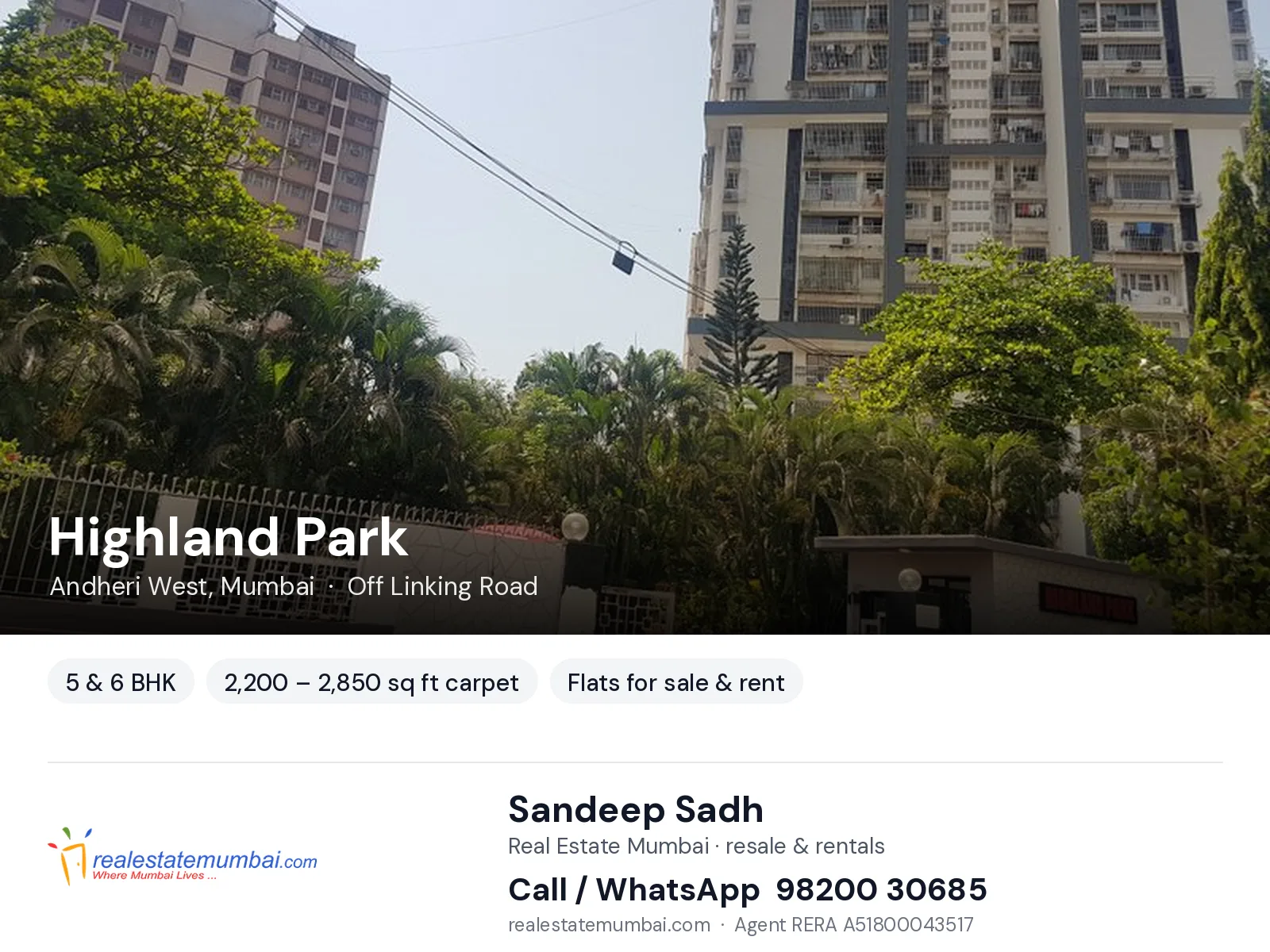 Highland Park, Andheri West, Mumbai — 5 & 6 BHK flats for sale & rent | Real Estate Mumbai, Sandeep Sadh 98200 30685