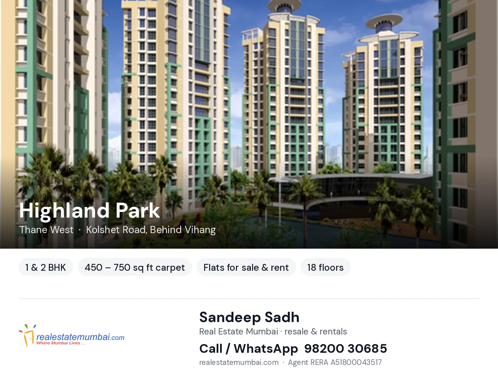 Highland Park, Thane West — 1 & 2 BHK flats for sale & rent | Real Estate Mumbai, Sandeep Sadh 98200 30685