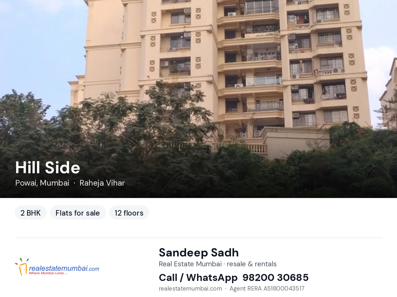 Hill Side, Powai, Mumbai — 2 BHK flats for sale | Real Estate Mumbai, Sandeep Sadh 98200 30685