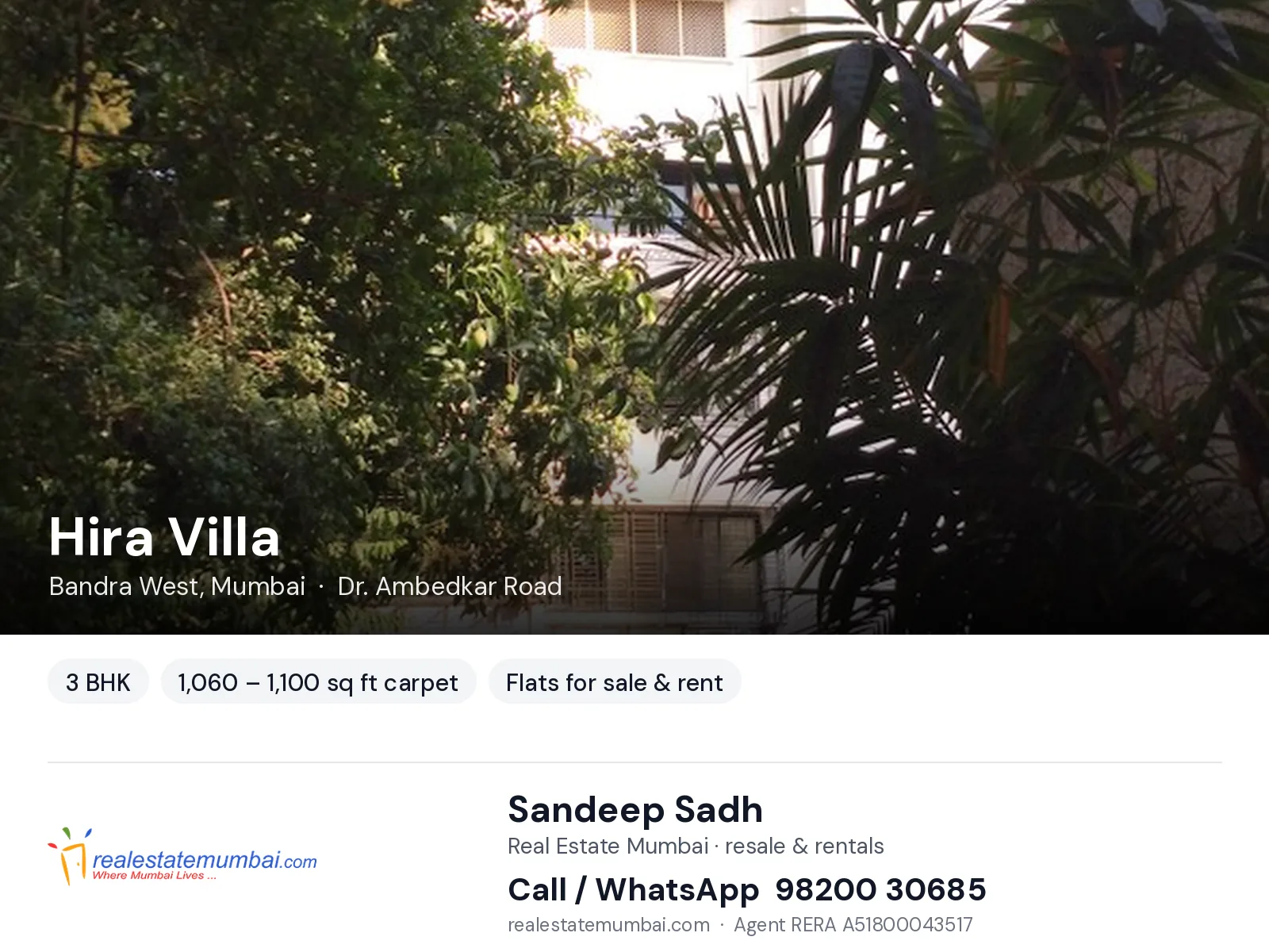 Hira Villa, Bandra West, Mumbai — 3 BHK flats for sale & rent | Real Estate Mumbai, Sandeep Sadh 98200 30685