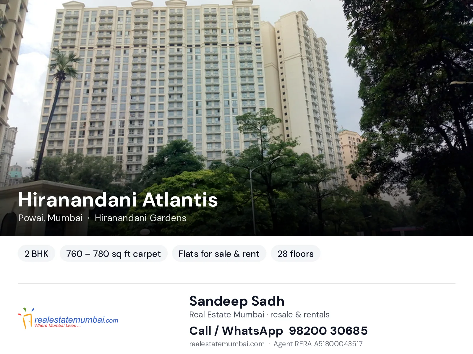 Hiranandani Atlantis, Powai, Mumbai — 2 BHK flats for sale & rent | Real Estate Mumbai, Sandeep Sadh 98200 30685