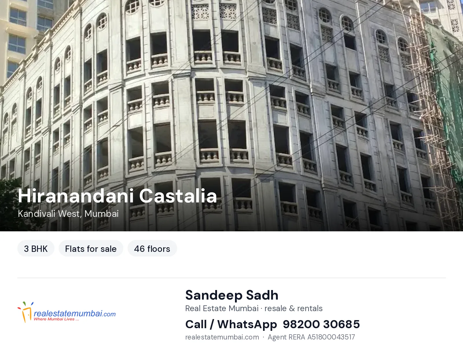 Hiranandani Castalia, Kandivali West, Mumbai — 3 BHK flats for sale | Real Estate Mumbai, Sandeep Sadh 98200 30685