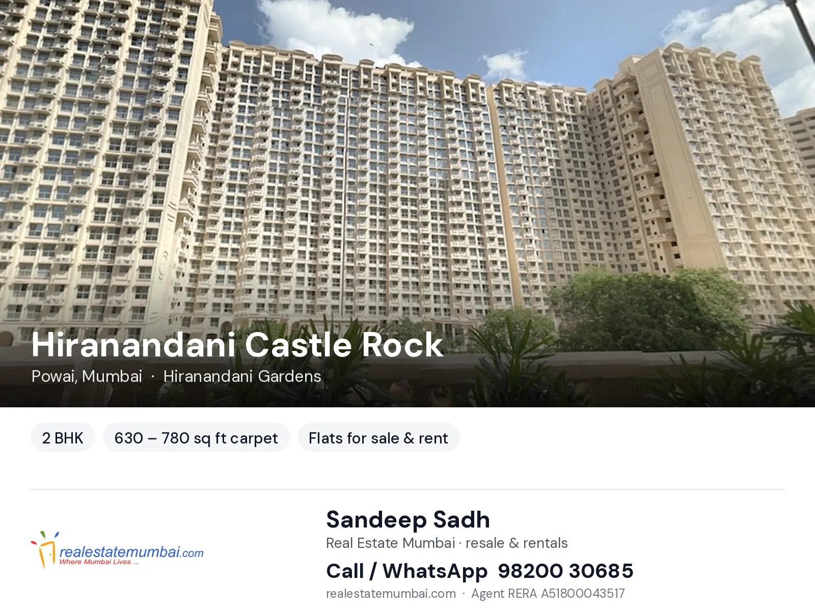 Hiranandani Castle Rock, Powai, Mumbai — 2 BHK flats for sale & rent | Real Estate Mumbai, Sandeep Sadh 98200 30685