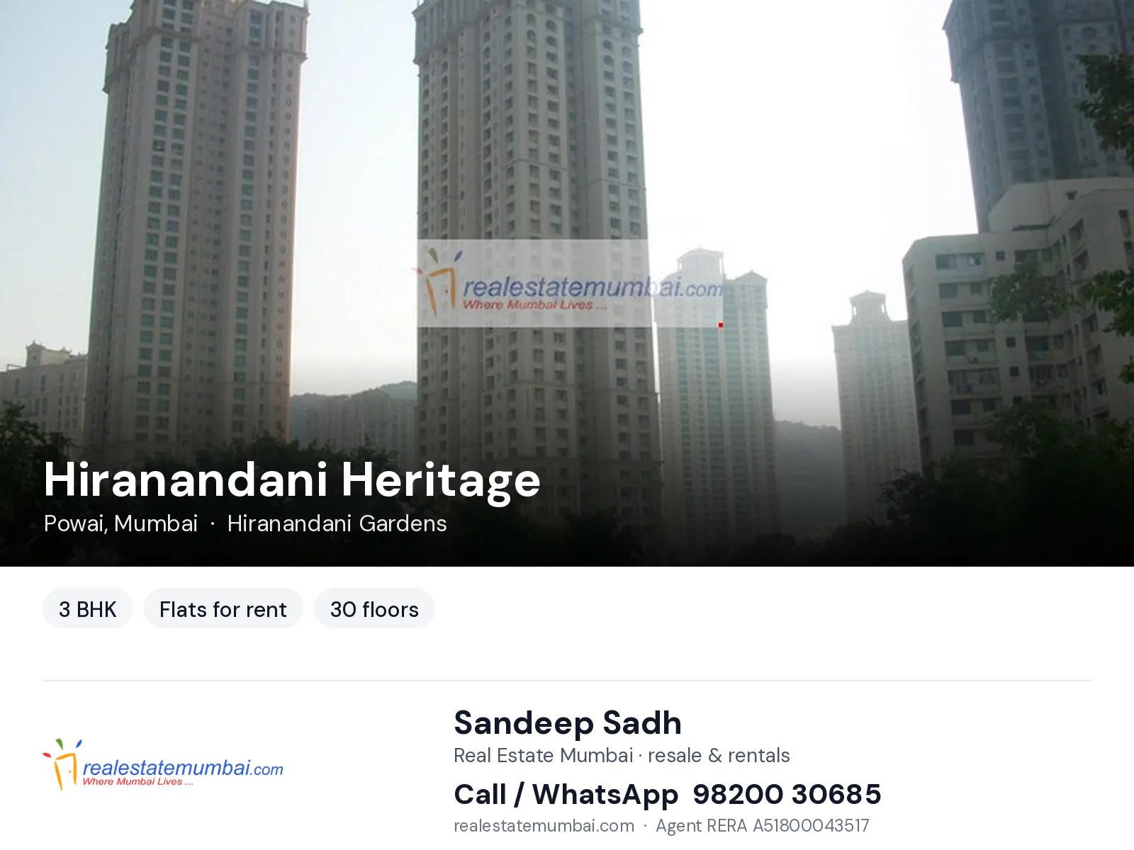 Hiranandani Heritage, Powai, Mumbai — 3 BHK flats for rent | Real Estate Mumbai, Sandeep Sadh 98200 30685