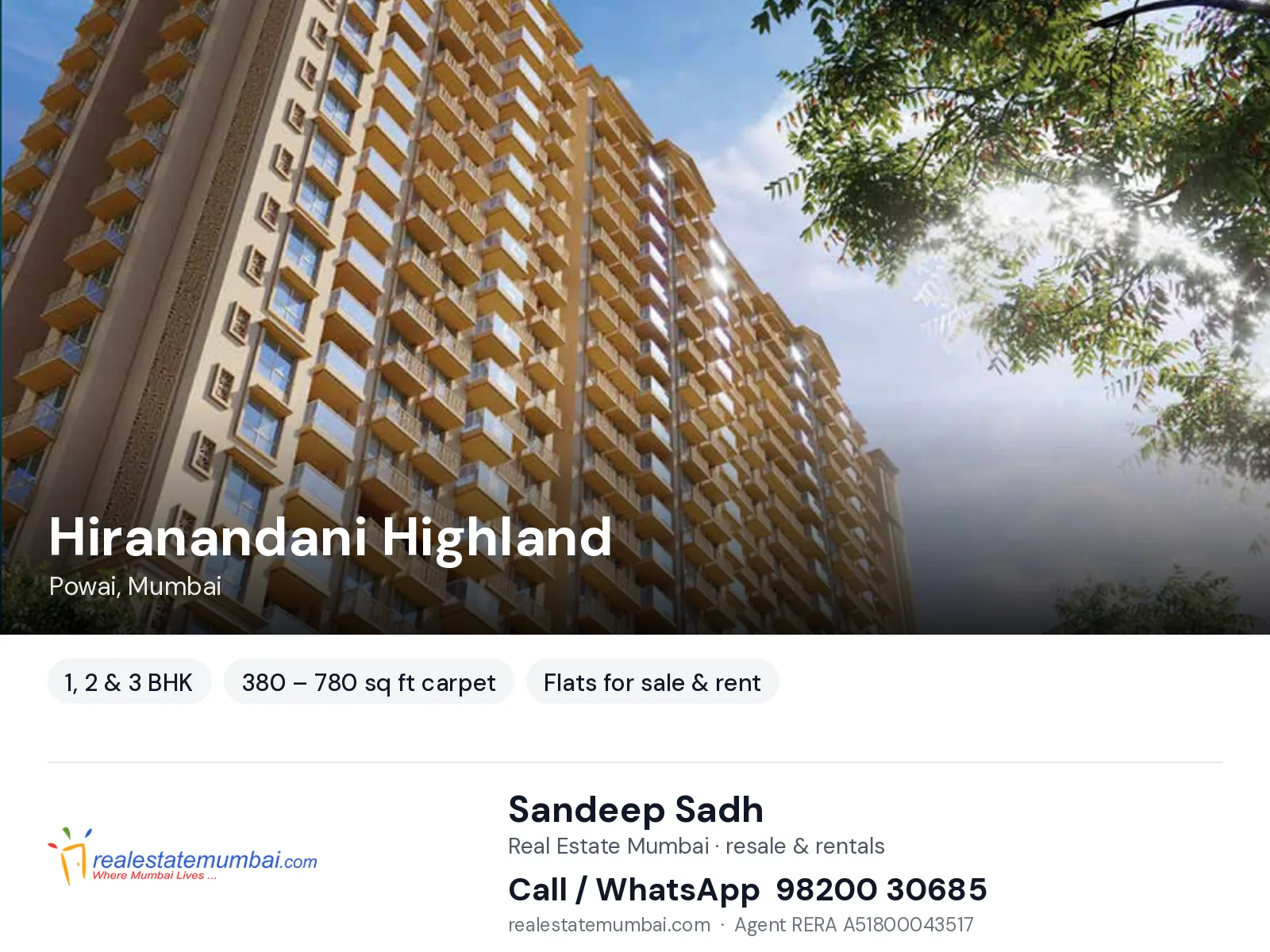 Hiranandani Highland, Powai, Mumbai — 1, 2 & 3 BHK flats for sale & rent | Real Estate Mumbai, Sandeep Sadh 98200 30685