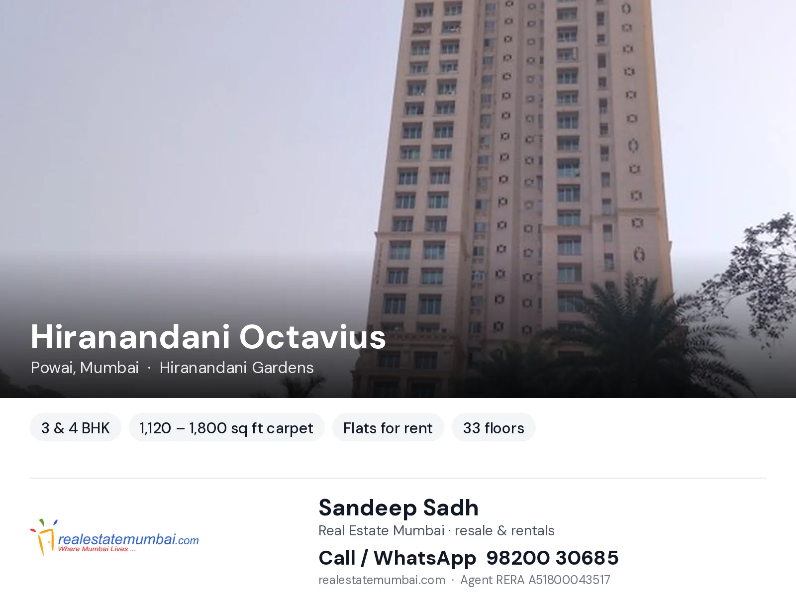Hiranandani Octavius, Powai, Mumbai — 3 & 4 BHK flats for rent | Real Estate Mumbai, Sandeep Sadh 98200 30685