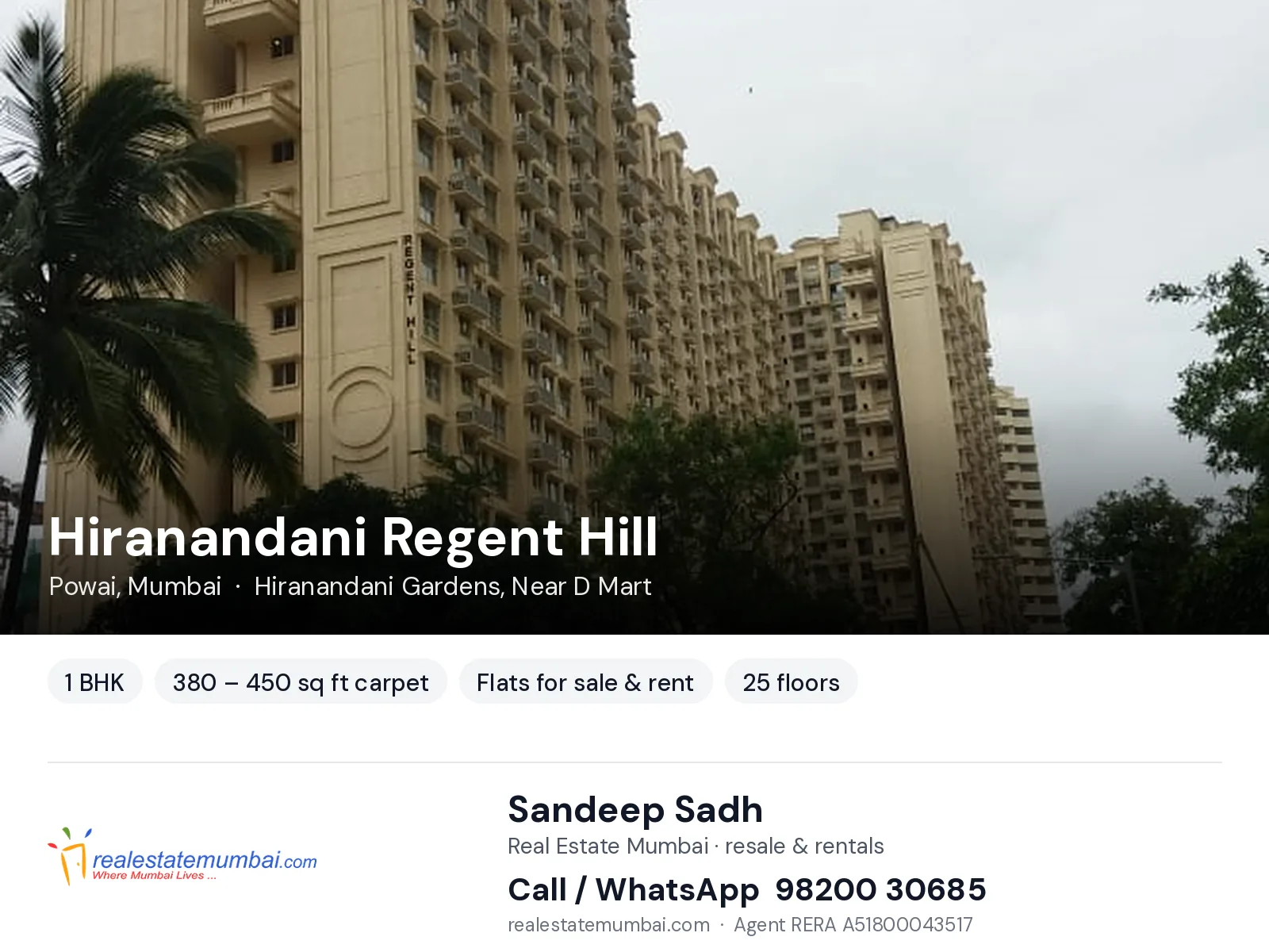 Hiranandani Regent Hill, Powai, Mumbai — 1 BHK flats for sale & rent | Real Estate Mumbai, Sandeep Sadh 98200 30685
