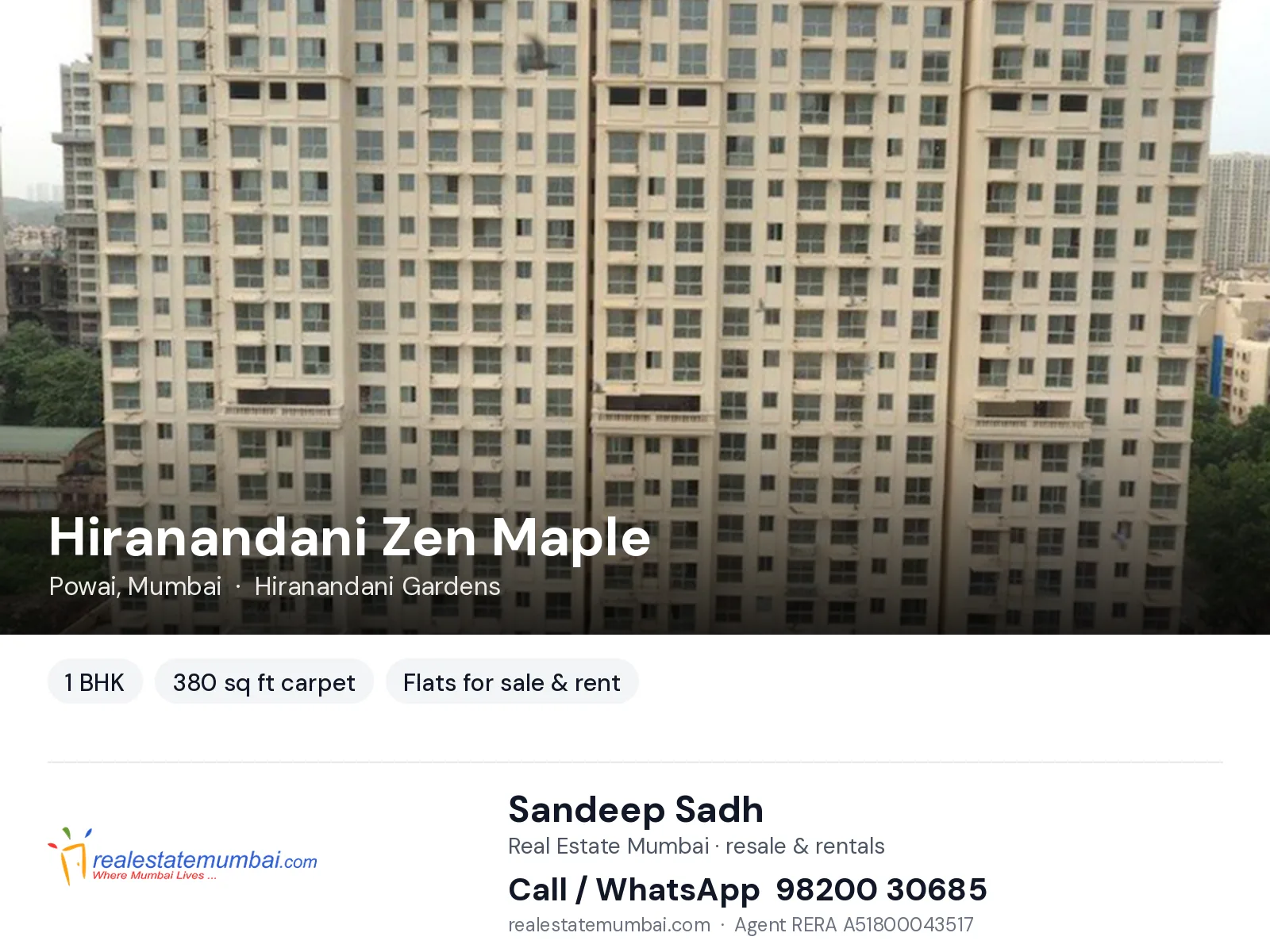 Hiranandani Zen Maple, Powai, Mumbai — 1 BHK flats for sale & rent | Real Estate Mumbai, Sandeep Sadh 98200 30685