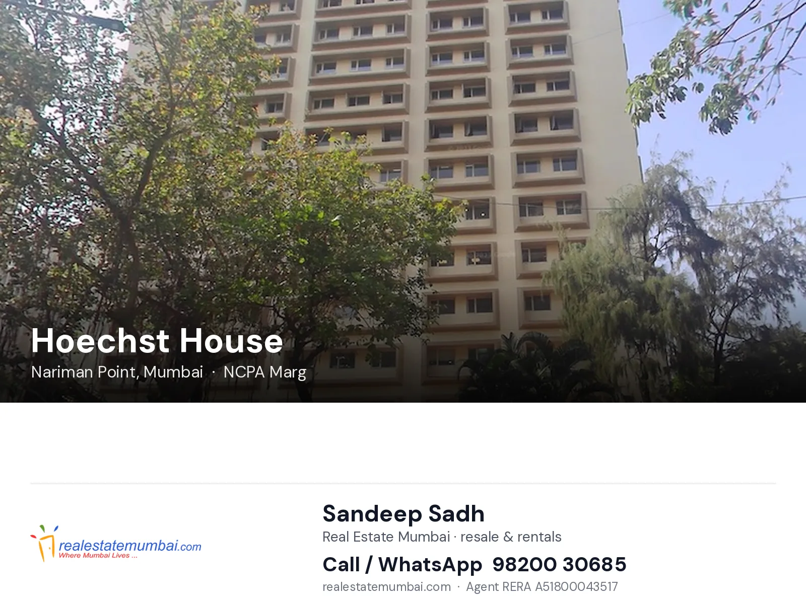 Hoechst House, Nariman Point, Mumbai — flats | Real Estate Mumbai, Sandeep Sadh 98200 30685