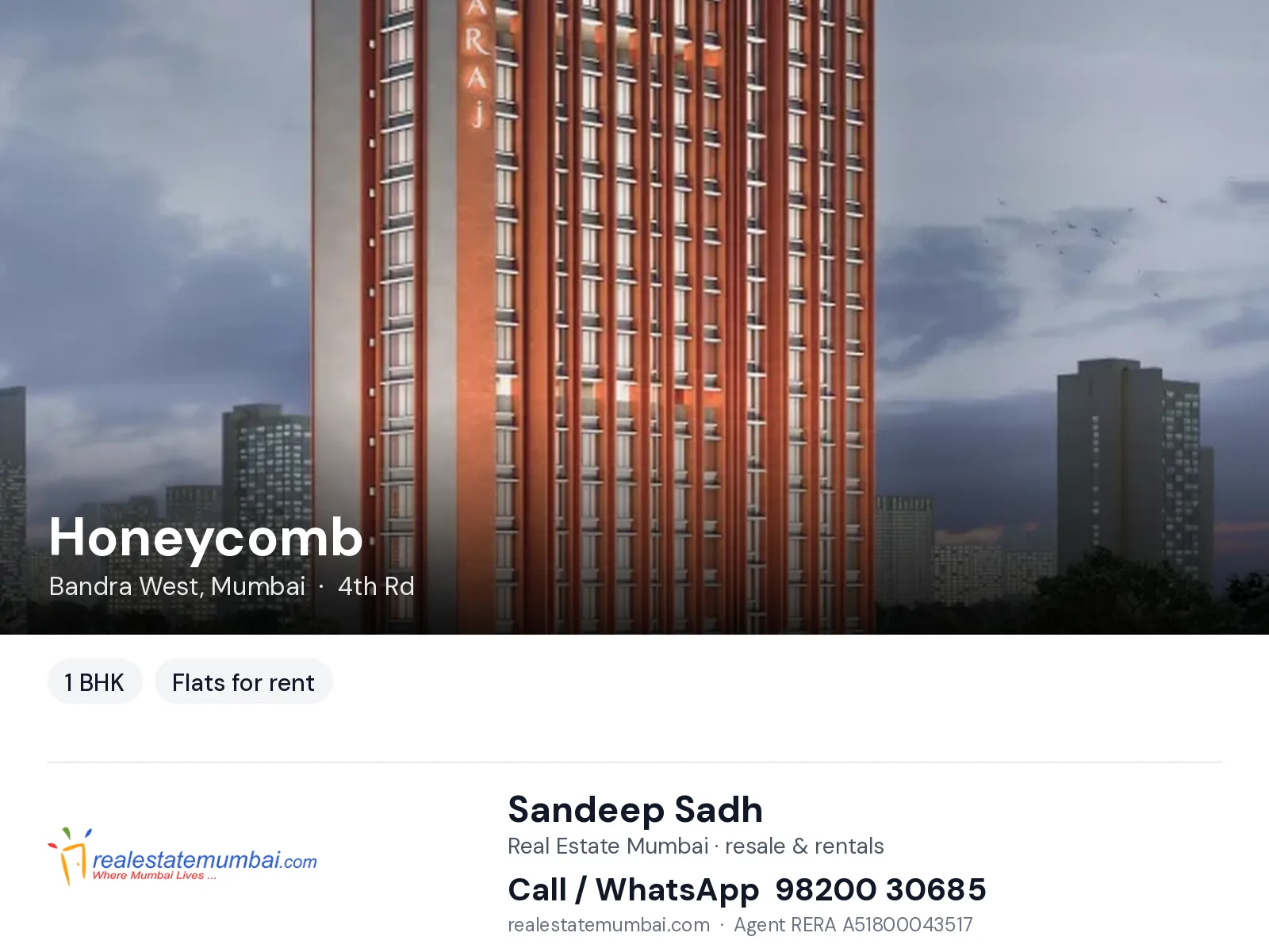 Honeycomb, Bandra West, Mumbai — 1 BHK flats for rent | Real Estate Mumbai, Sandeep Sadh 98200 30685